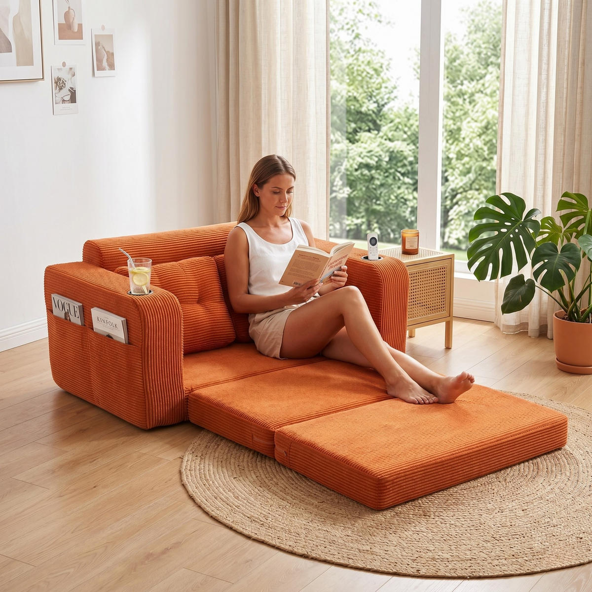 SCHLAFSOFA 2-Sitzer Sofa mit 2 Zierkissen,Lounge Sofa,Polstersofa,Cord,Orange - Orange, Textil (136/82.5/80cm) - LVHOM