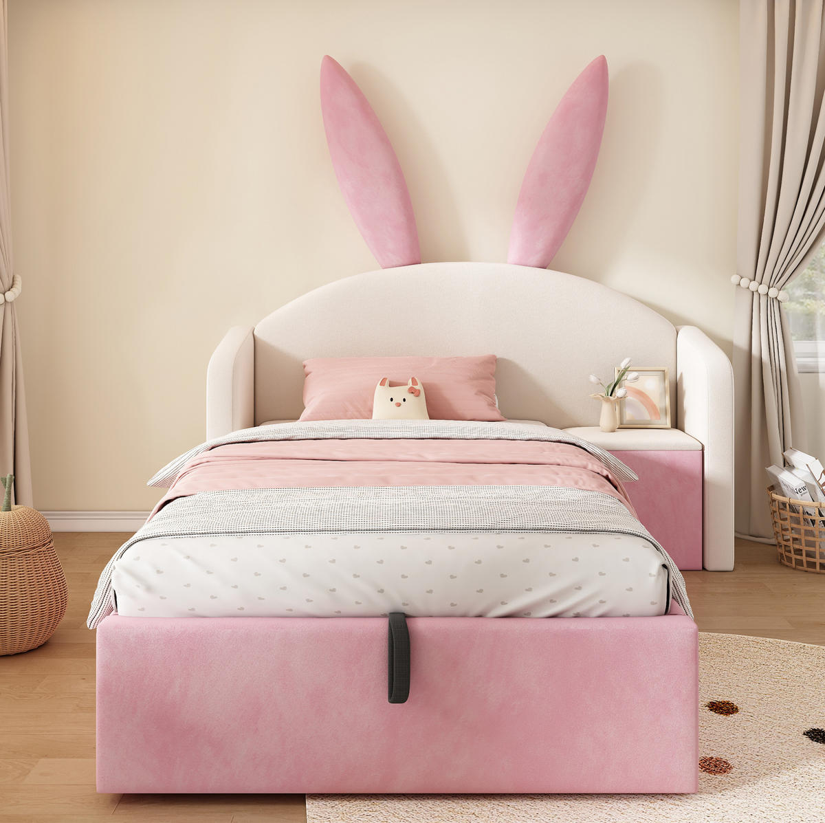 KINDERBETT mit Stauraum 90/200 cm mit hydraulischem Stauraum und Nachttisch, ohne Matratze - Pink, Textil (90/200cm) - MIVRAY