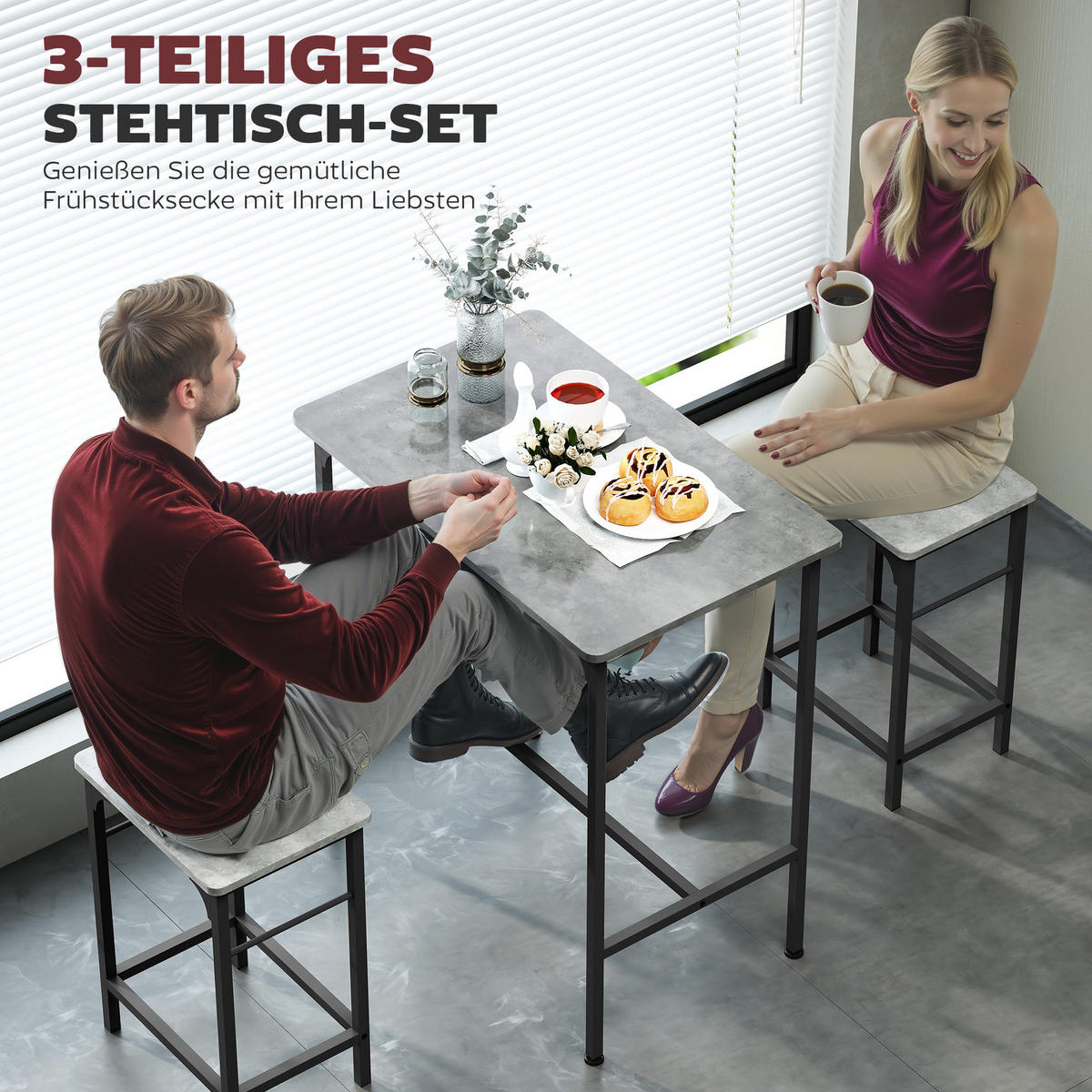 BARTISCH Set Bartisch mit Barhocker-Set Esstisch mit 2 Stühlen mit Fußpolster - Grau, Holz (50/87/80cm) - HOMCOM