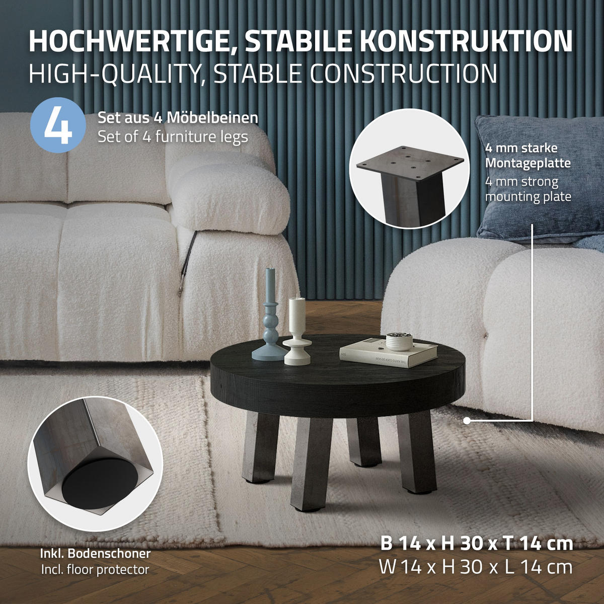 TISCHBEINE 4er Set I-96GRAD-Design H:30 cm Industrial 8x8 cm - Dunkelgrau, Metall (14/30/14cm) - ML-DESIGN