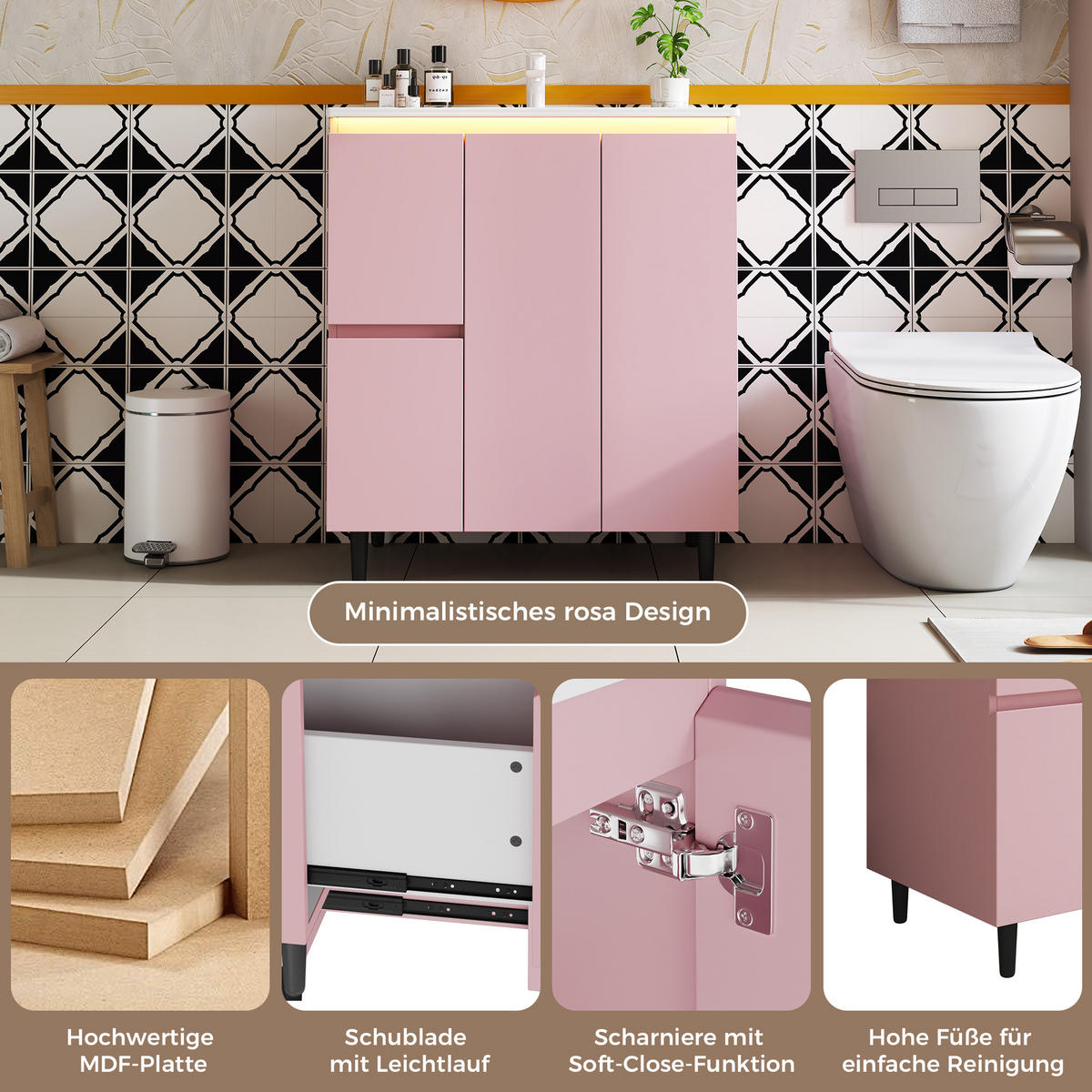 WASCHTISCHUNTERSCHRANK Rosa mit LED-Sensorlicht - Pink, Holzwerkstoff (76/89/47cm) - Urban Meuble