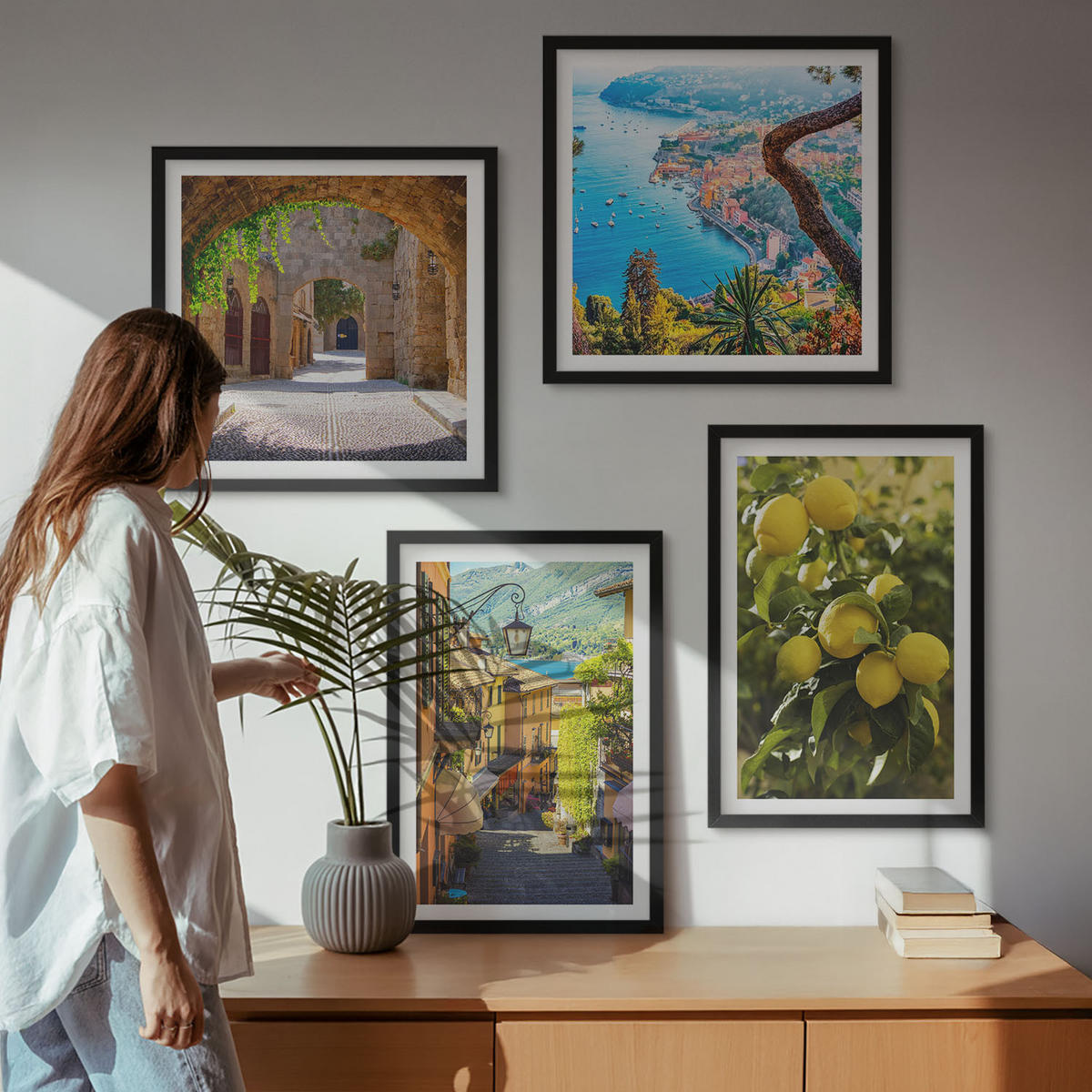 WANDBILDER 4er-Set - 50x50 cm & 40x60 cm Schwarzer Rahmen - Straßen am Meer, ein Meer aus Zitronen - Schwarz, Kunststoff (50/50cm) - ArtPrintCave