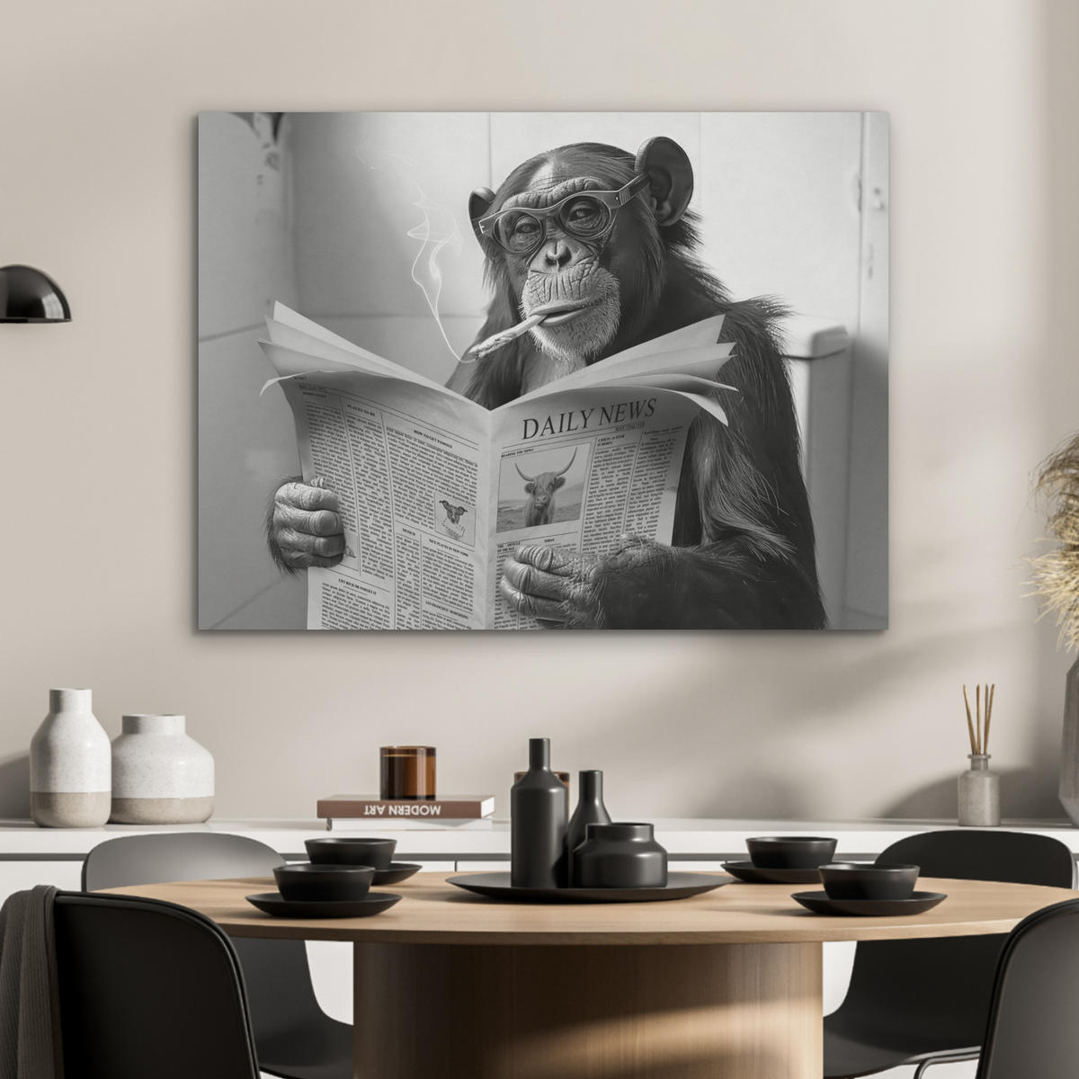 AKUSTIKPANEEL Affe - WC - Zeitung - Schwarz-Weiß - Humor 80x60 cm - Hellgrau, Textil (80/0.9/60cm) - MuchoWow