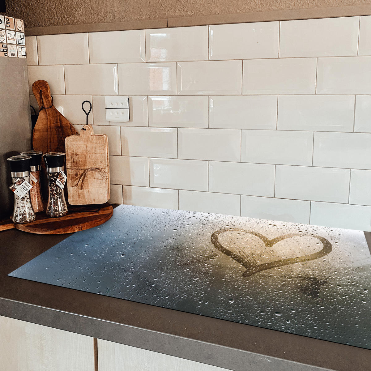 HERDABDECKPLATTE Herz - Kondenswasser - Wasser - 3D Ceranfeldabdeckung 85x52 cm - Grau, Kunststoff (85/52/0.2cm) - MuchoWow
