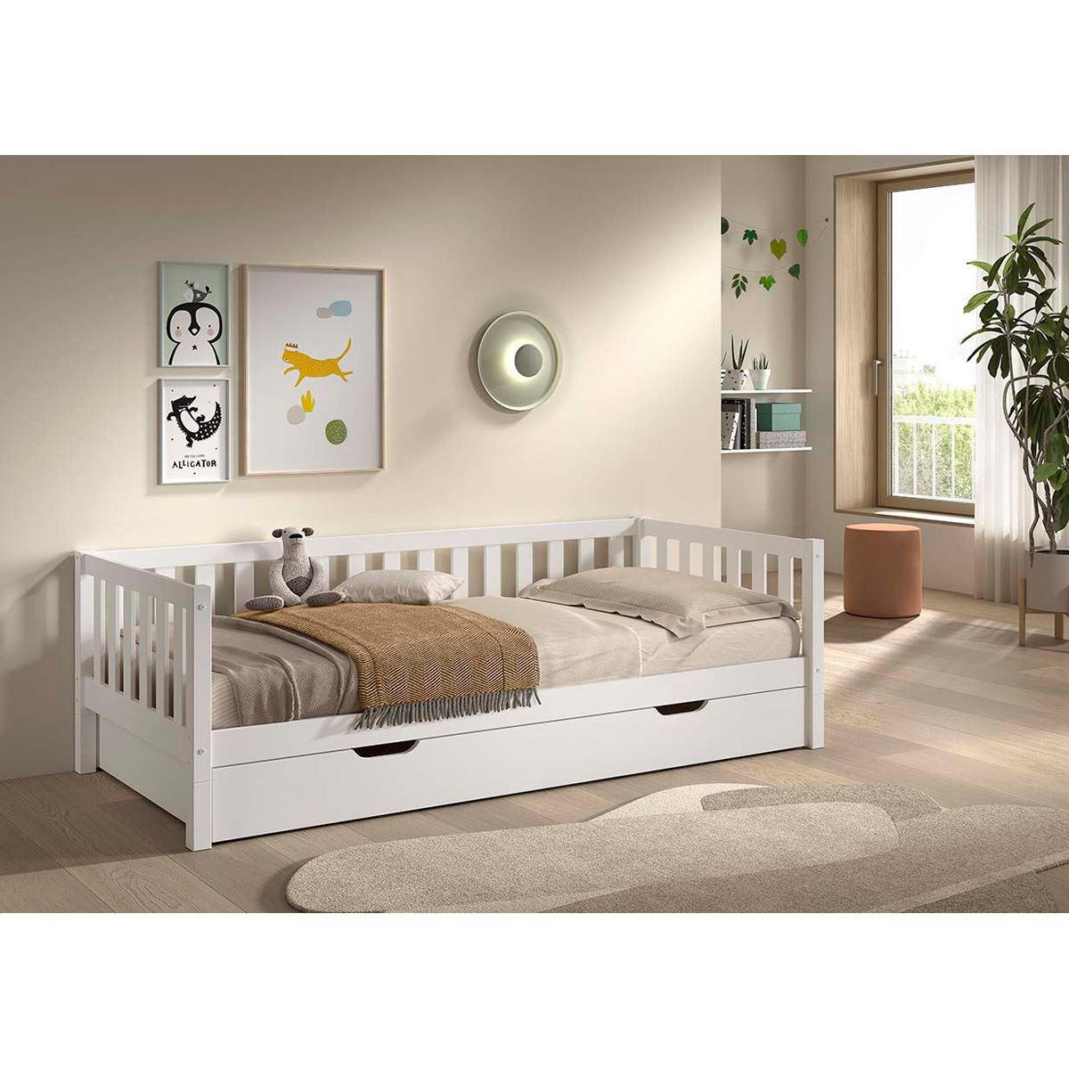 TAGESBETT Kapua 90x200 mit Bettschublade Kiefer Massivholz Weiß - Weiß, Holz (90/200cm) - 58aufmkessel