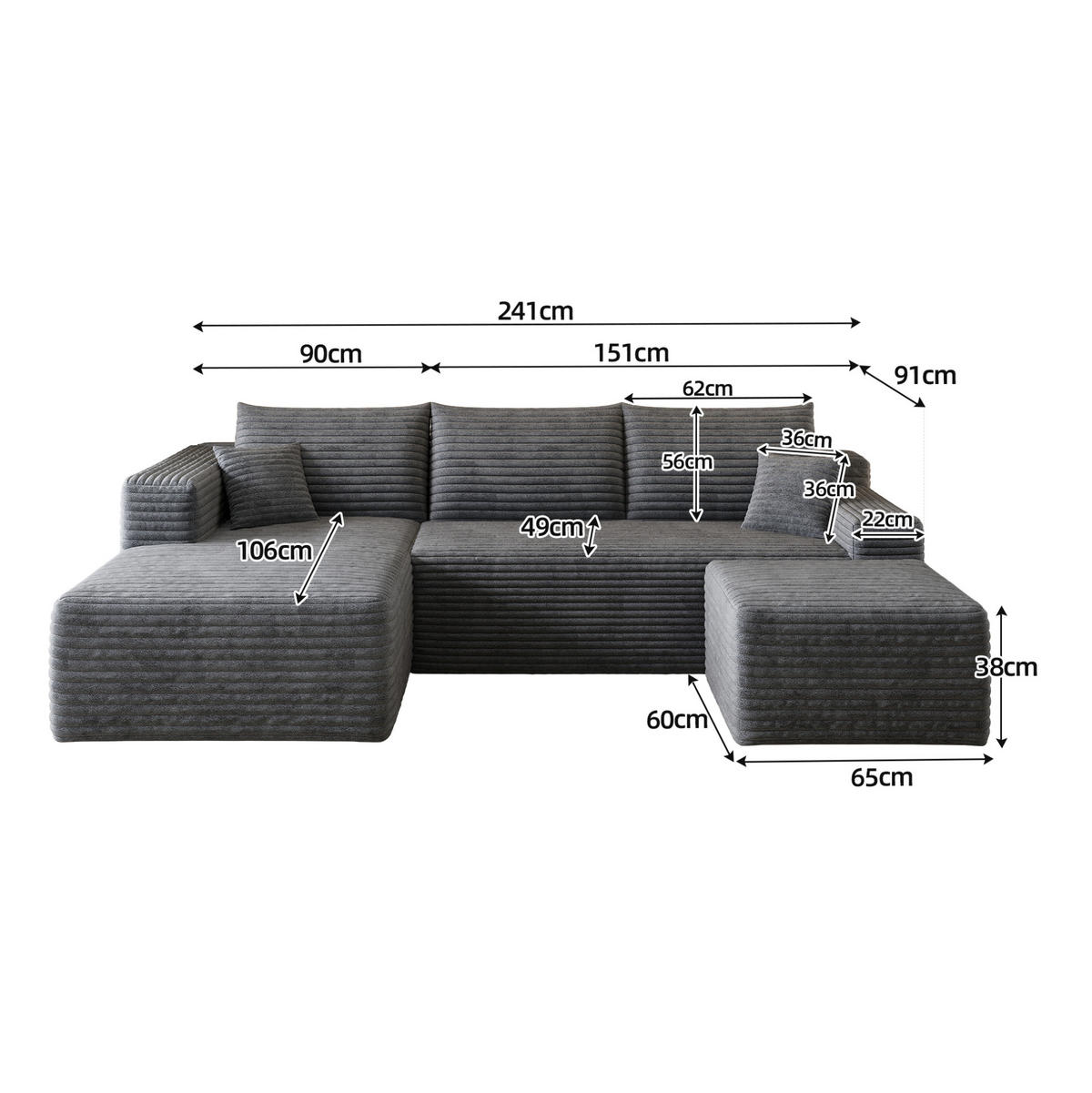 ECKSOFA 241 cm aus Stoff mit Cordbezug und Chaise Lounge Dunkelgrau - Dunkelgrau, Textil (151/241cm) - Modenvie
