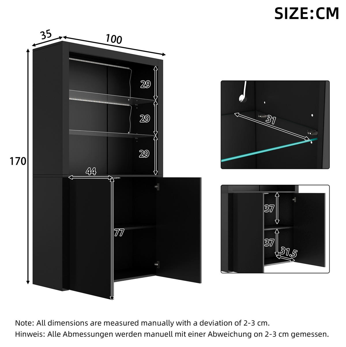 VITRINE 100/35/170 cm mit LED-Beleuchtung, Hochglanzfront und 2 Türen, Schwarz - Schwarz, Holzwerkstoff (100/170/35cm) - Redom