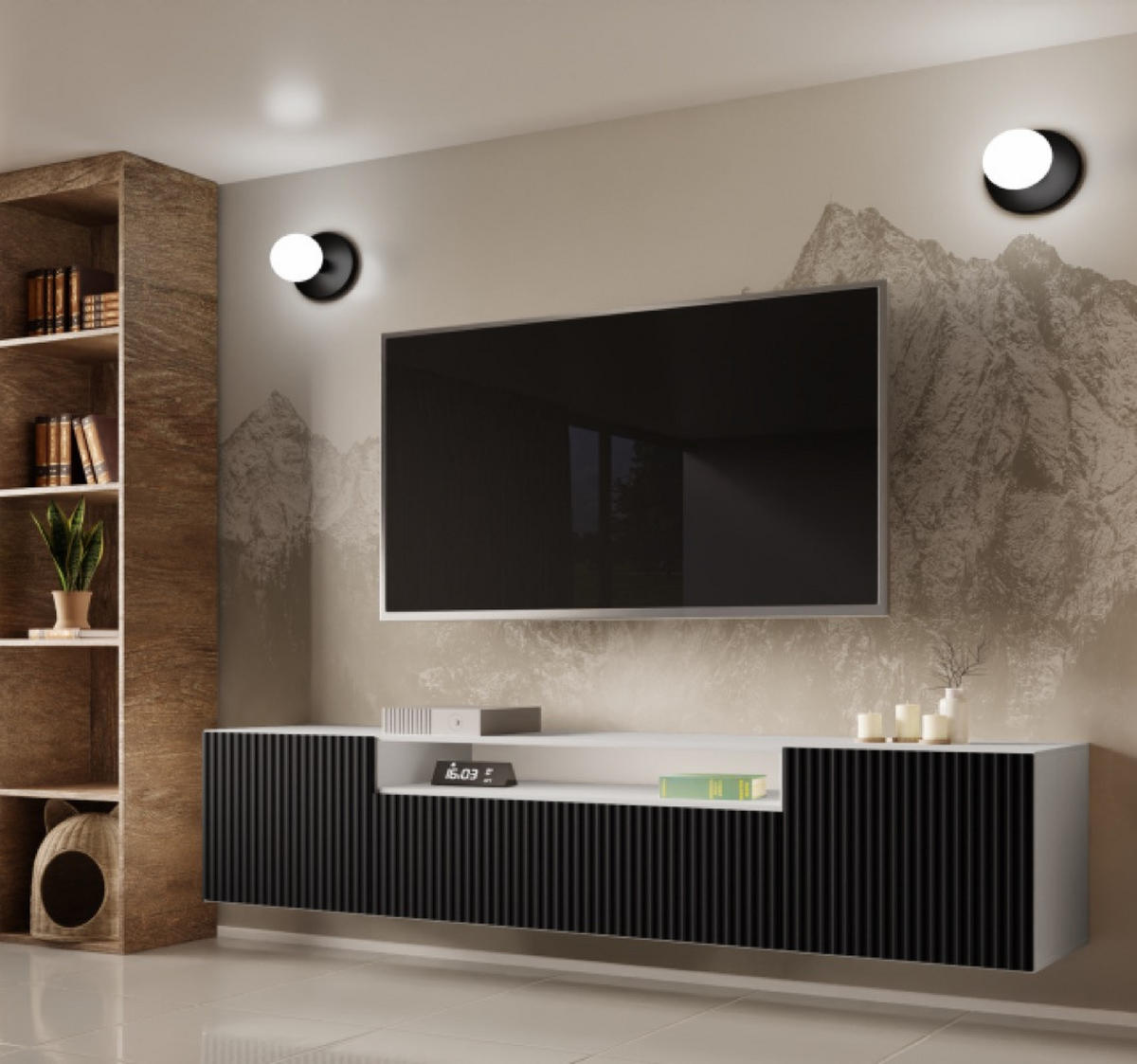 TV-LOWBOARD Weiß Schwarz NOELI Hängend Gerillte Fronten - Schwarz, Holzwerkstoff (200/40/41cm) - Sepro Meble