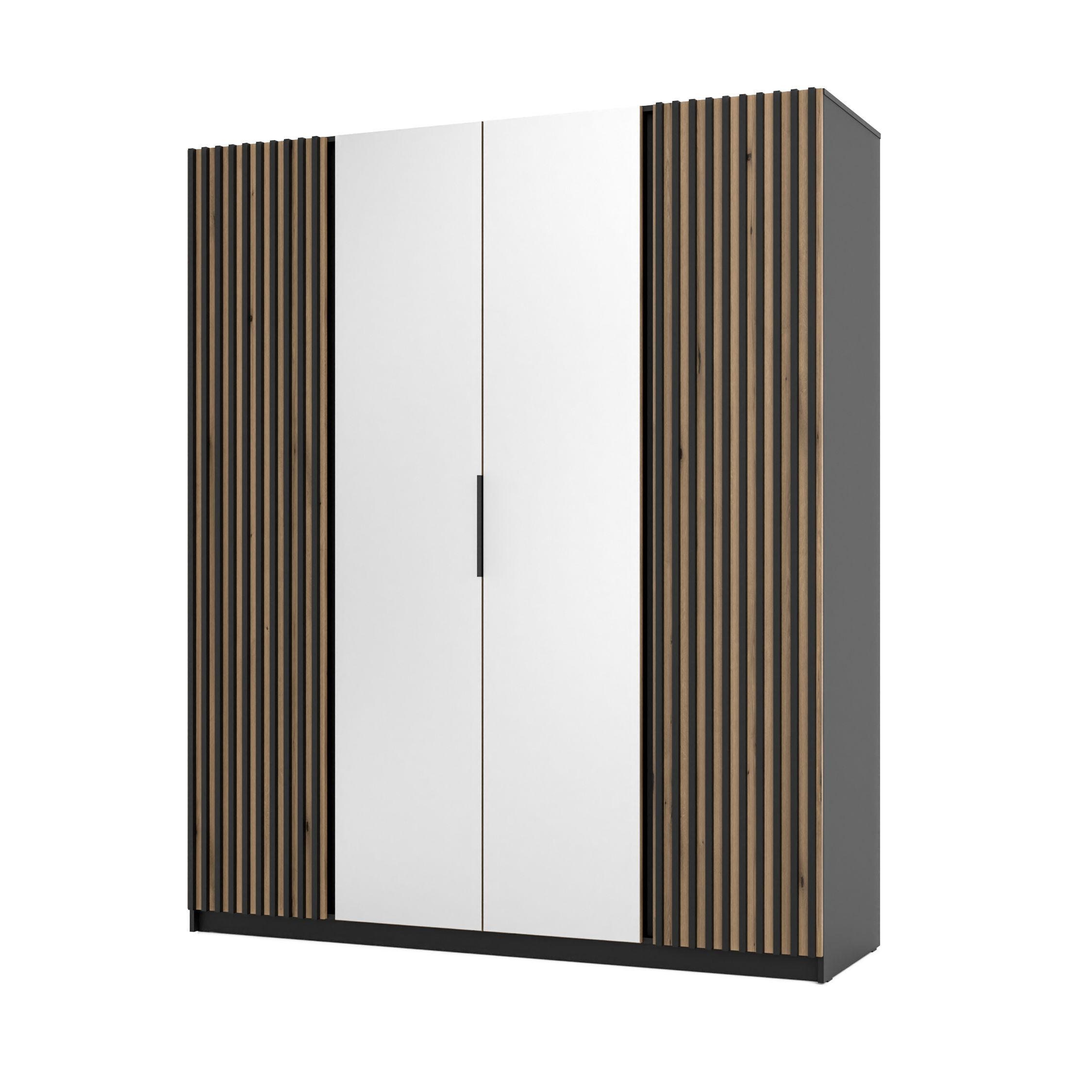 DREHTÜRENSCHRANK CAGLIARI 200/239/61,9cm 4-türig mit Spiegel Schwarz - Goldfarben/Schwarz, Holzwerkstoff (200/239/61.9cm) - MASSENO