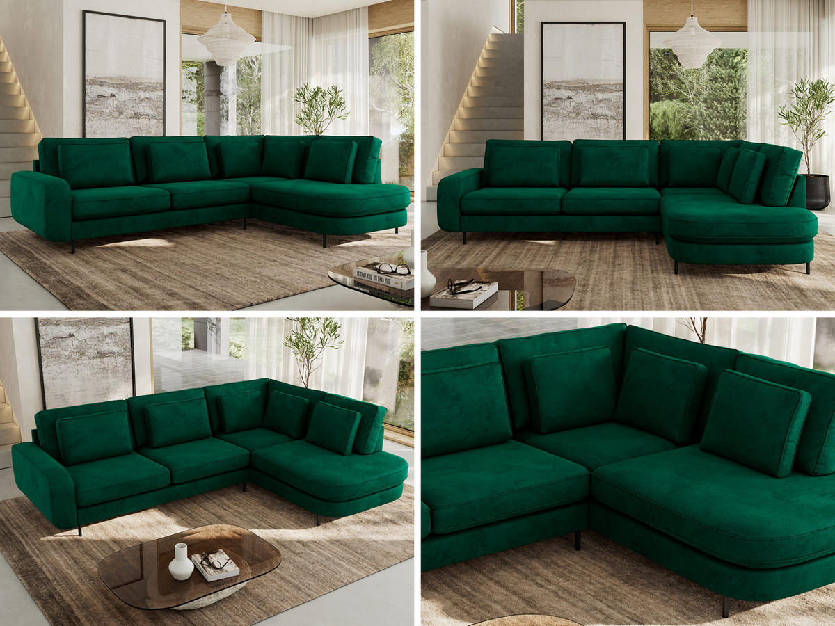 ROHOVÁ SEDAČKA CALENO L - Zelený Samet - Levá Strana - černá/tmavě zelená, kov/textil (317/225cm) - MKS