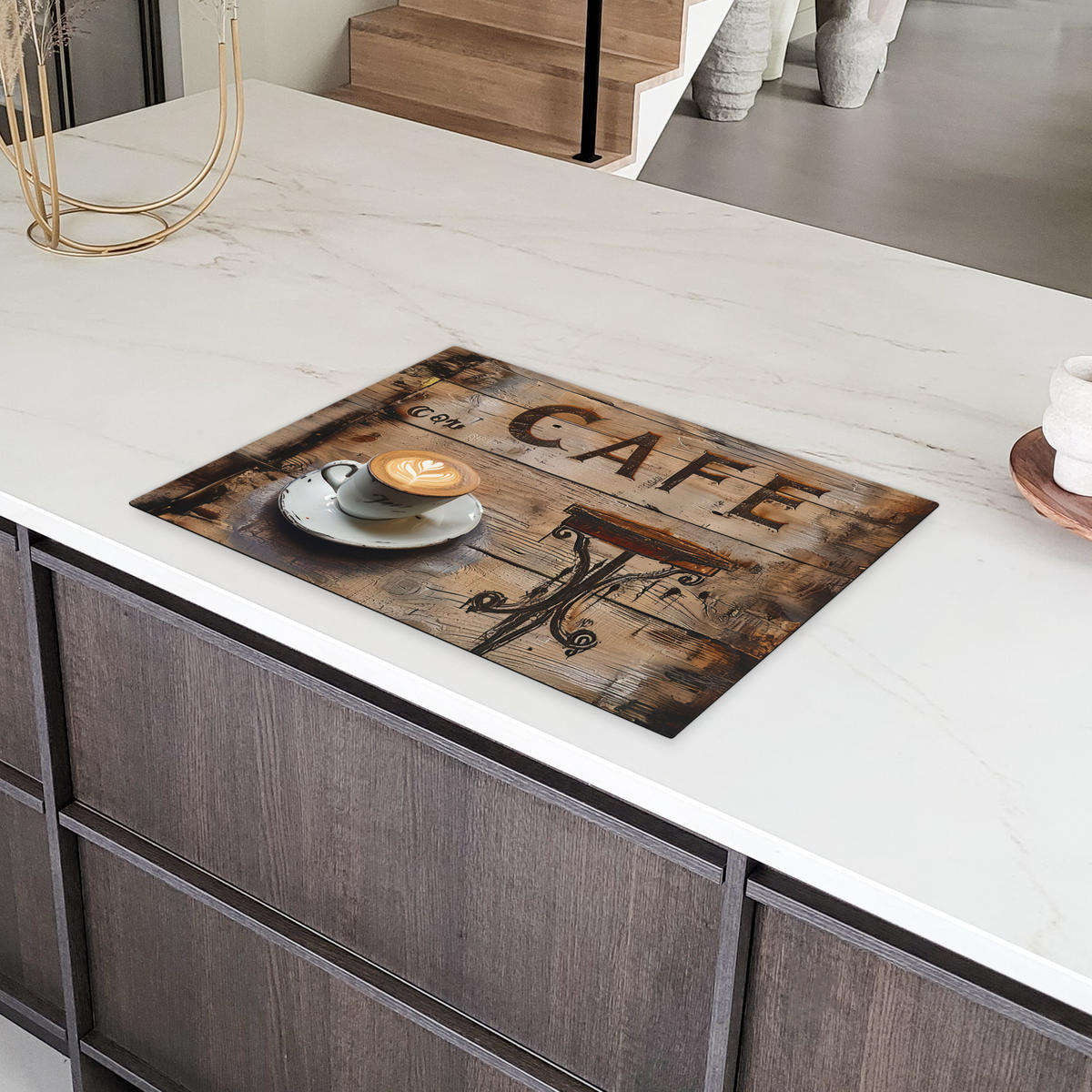 HERDABDECKPLATTE Cafe - Holz - Kaffee - Regale Herdabdeckung Induktionsfeld 75x52 cm - Schwarz, Kunststoff (75/52/0.2cm) - MuchoWow