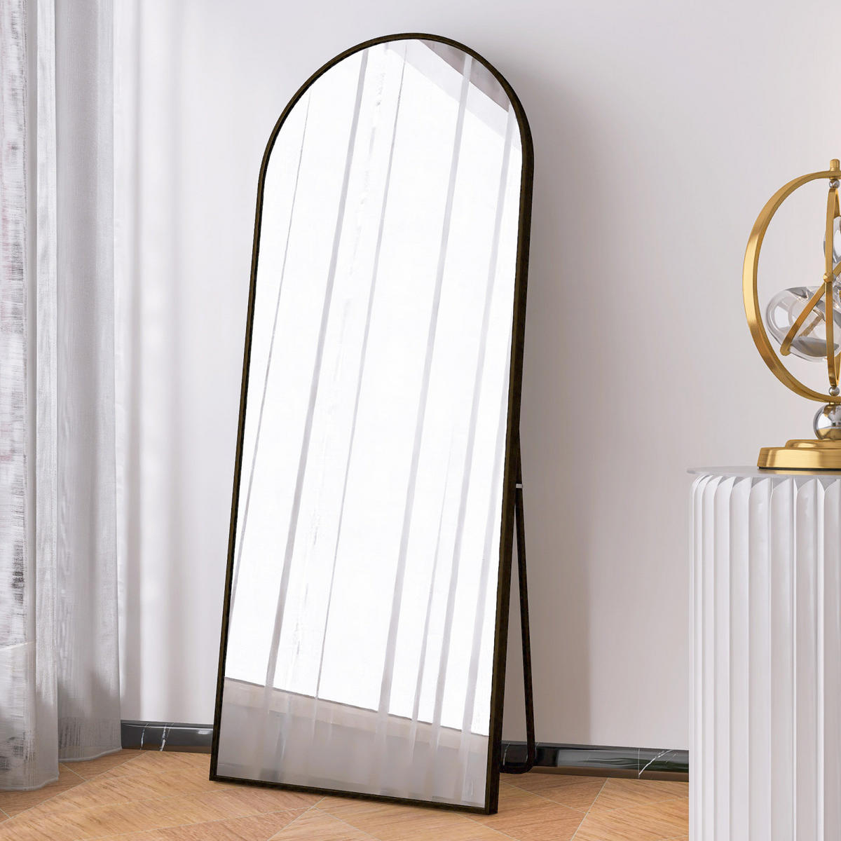 STANDSPIEGEL 165/60 cm, Ganzkörperspiegel in Schwarz Aluminiumrahmen, bogenförmig, gehärtetes Glas, mit Standfuß, wandmontierbar - Schwarz, Glas/Metall (60/165/3cm) - BPKADHY