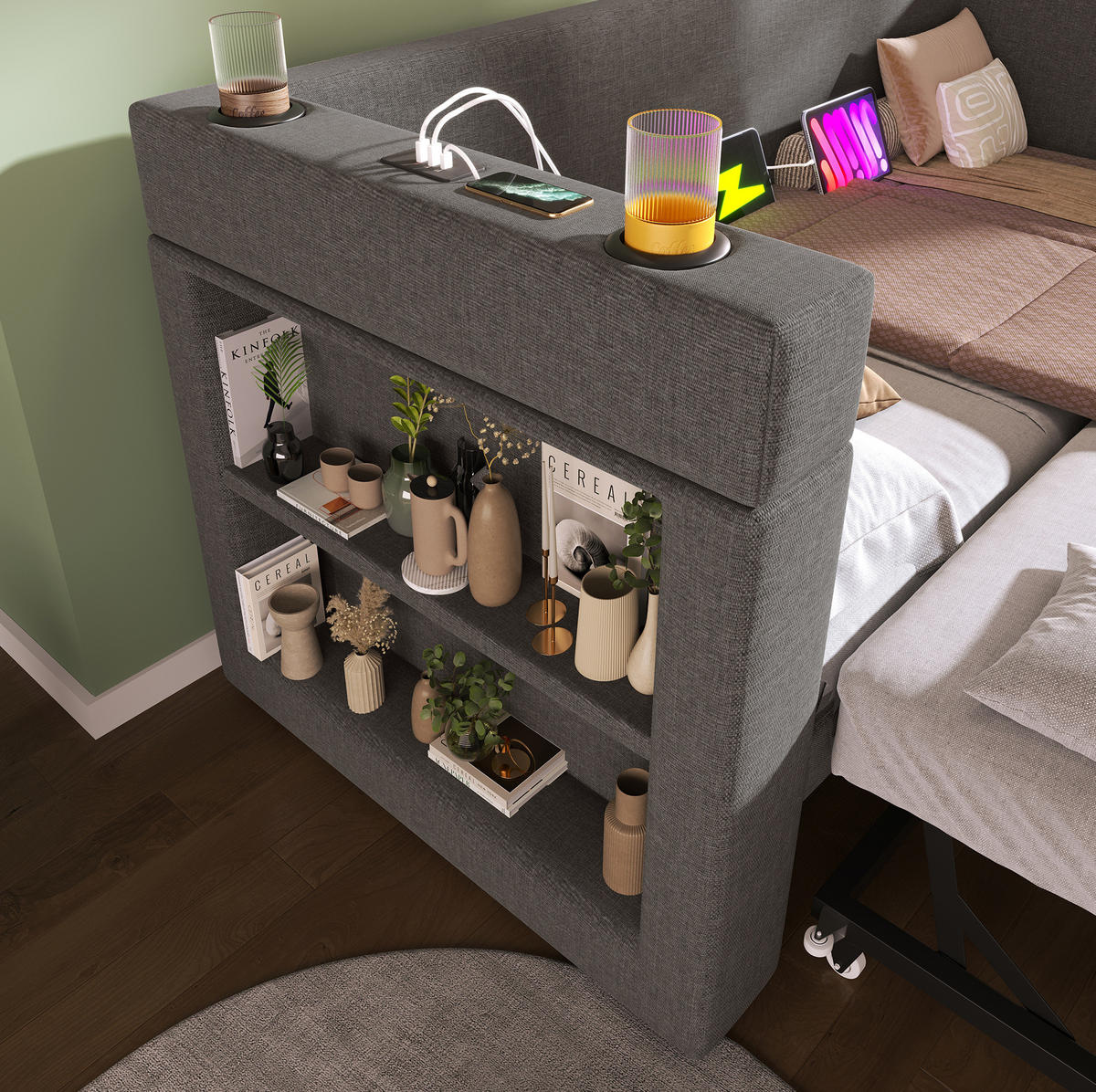 POLSTERBETT 90/190 cm Grau aus Baumwolle und Leinen mit Ausziehbett - Grau, Textil (90/190cm) - OKMYHOME