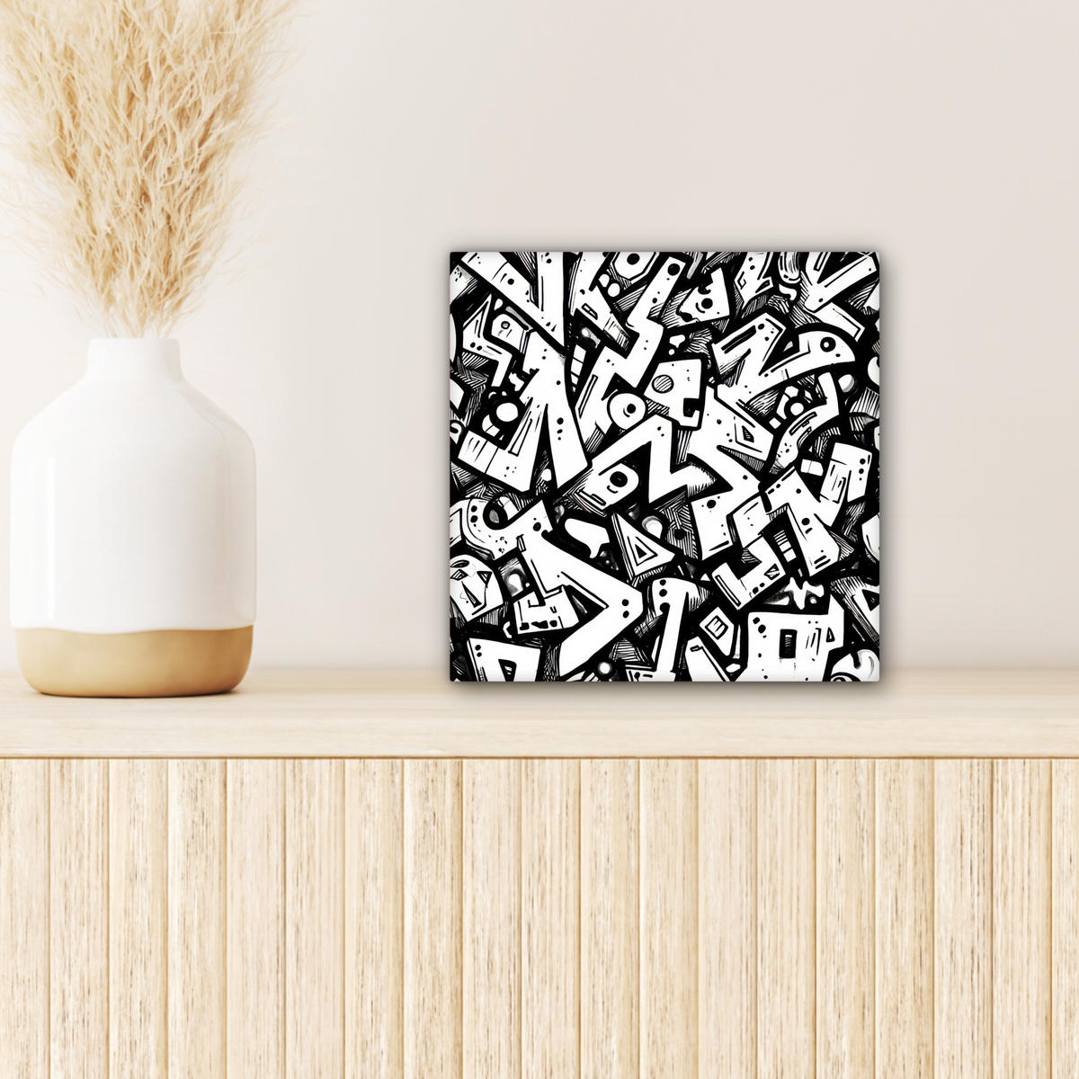 LEINWANDBILD Formen - Buchstaben - Graffiti - Schwarz Deko Wohnzimmer 20x20 cm - Schwarz, Textil (20/20cm) - MuchoWow