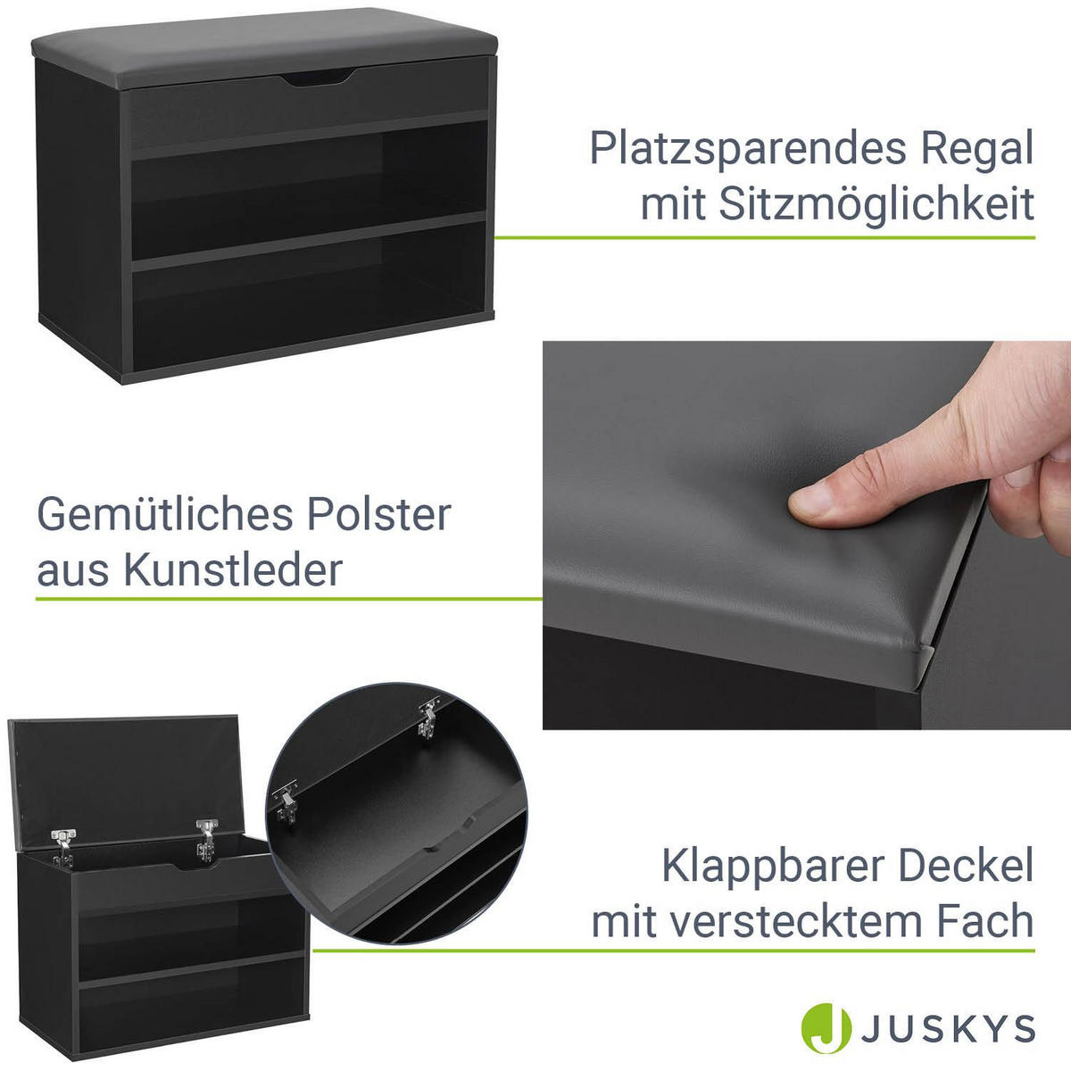 SCHUHREGAL schwarz mit Klappdeckel und gepolstertem Sitz 60 x 30 x 44 cm - Schwarz, Holz (30/44/60cm) - Juskys
