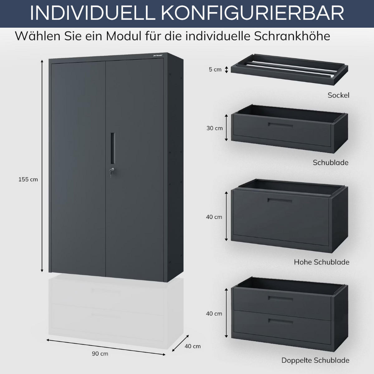 METALLSCHRANK mit Doppel-Schublade MEGAN 195x90x40cm Anthrazit - Anthrazit, Metall (90/195/40cm) - Jan Nowak