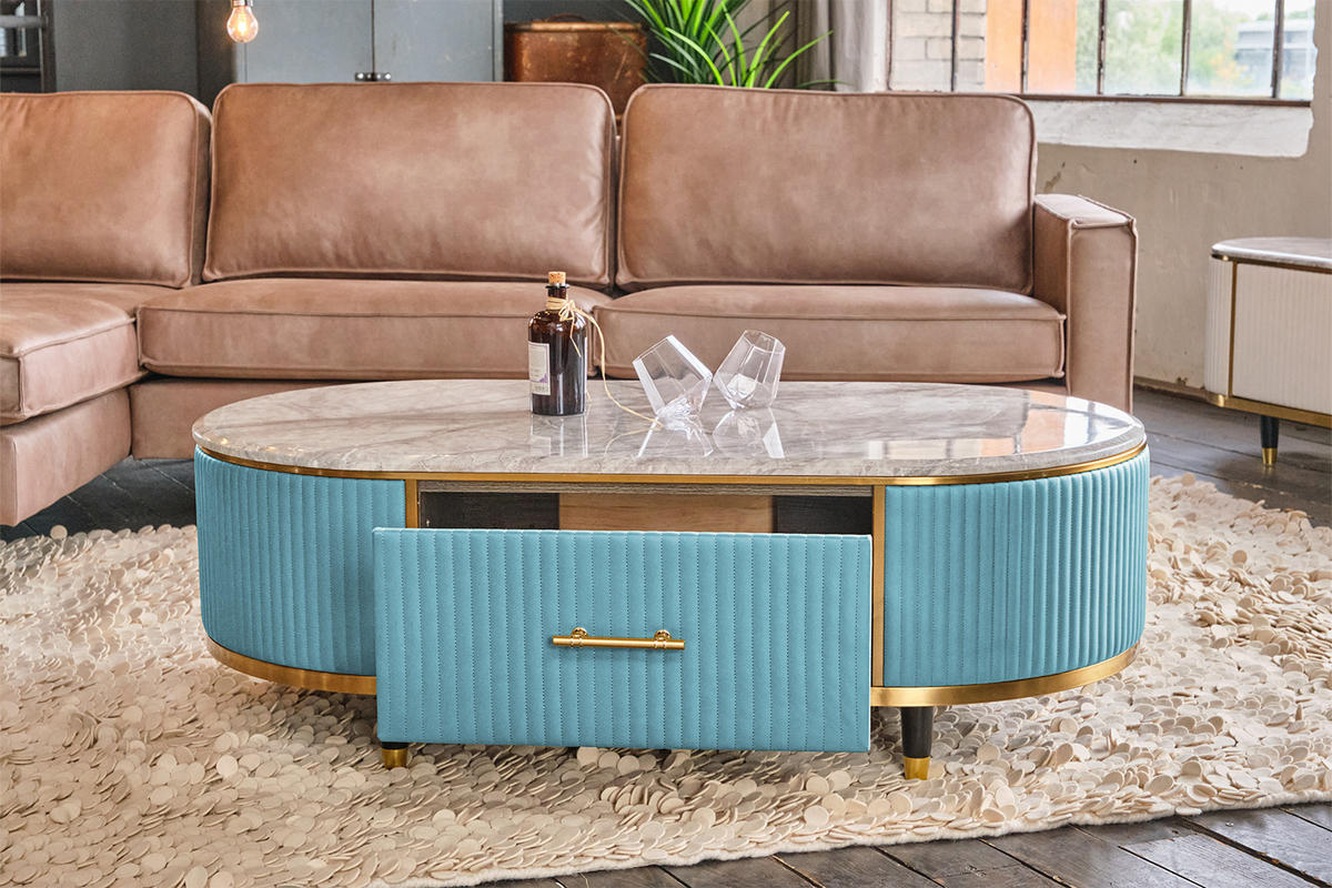 COUCHTISCH MARIA Hellblau Kunstleder - Schwarz/Hellblau, Stein/Metall (70/130/45cm) - KAWOLA