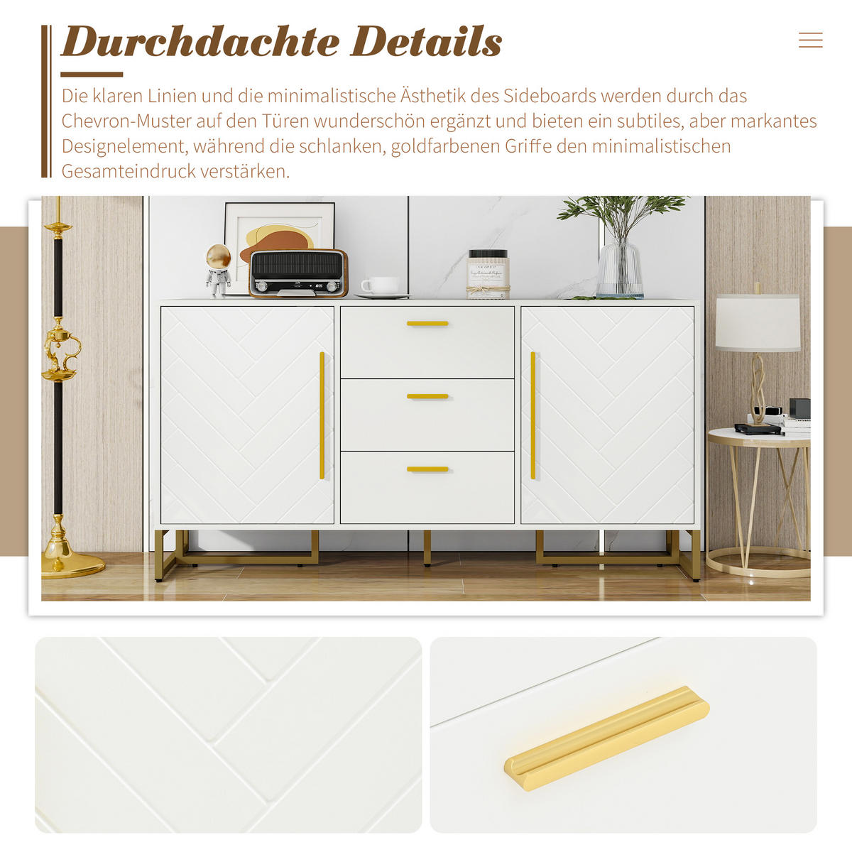 SIDEBOARD in Weiß & Gold mit 2 Türen & 3 Schubladen - Weiß, Holzwerkstoff (145/75/40cm) - Urban Meuble