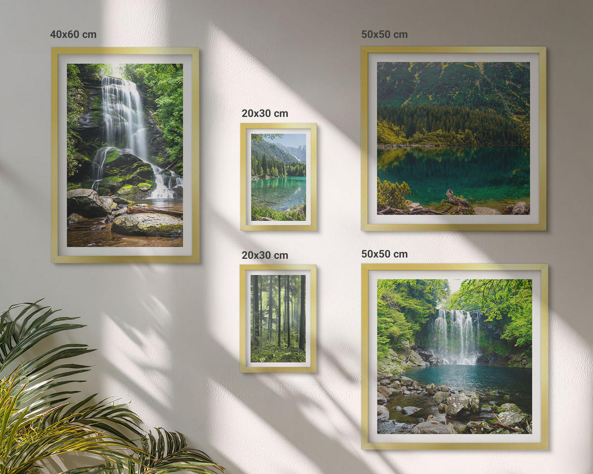 BILDER SET 5er Set - 50x50 cm & 20x30 cm & 40x60 cm Goldrahmen - Grüne Landschaften, Wasserfälle - Goldfarben, Kunststoff (40/60cm) - TULUP