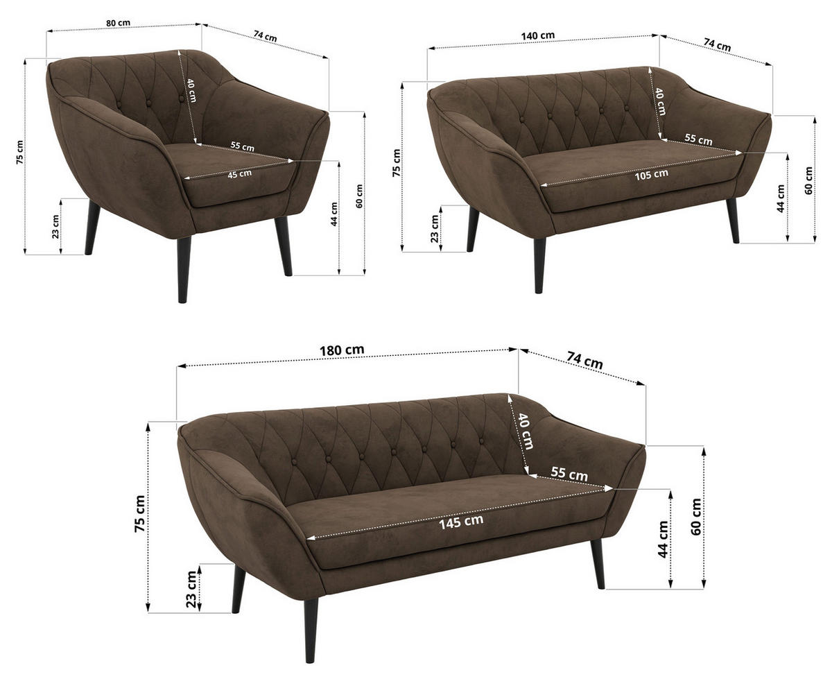 SEDACÍ SOUPRAVA 3+2+1 PIRS - Hnědá Samet - Černé nohy - tmavě hnědá/černá, kompozitní dřevo/textil (180/75/74cm) - MKS