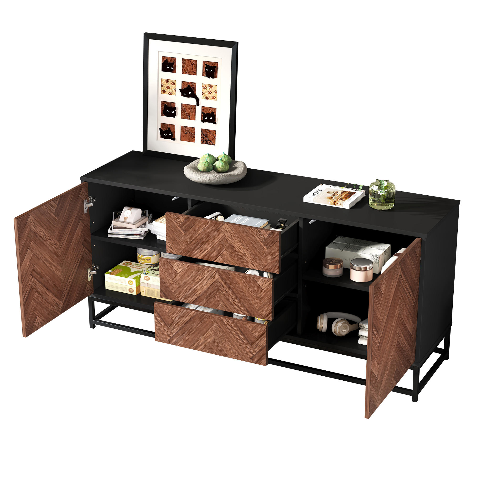 SIDEBOARD Holz Schwarz 3 Schubladen 2 Türen 145x40x67cm Metallrahmen - Multicolor, Holzwerkstoff (40/67/145cm) - FLIEKS