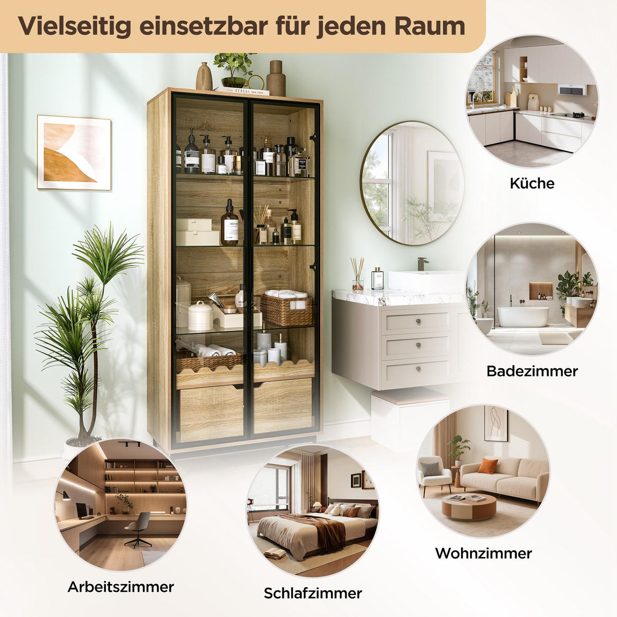 VITRINE in Naturfarben mit Glastür und Schublade für Wohnzimmer, B75/T35/H170,8 cm - Transparent/Naturfarben, Glas/Holzwerkstoff (75/170.8/35cm) - STILVORA