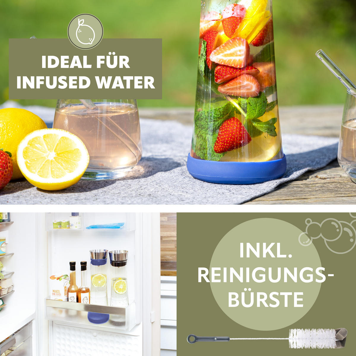 GLASKARAFFE 1 Liter CAROLA, blau, Edelstahl, Silikon - Blau, Glas (1L) - bremermann