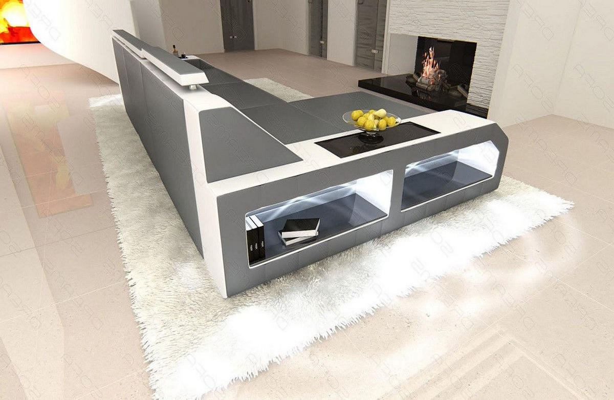 COUCH Arezzo L Grau Weiß Ledermix - Grau, Textil (308/194cm)