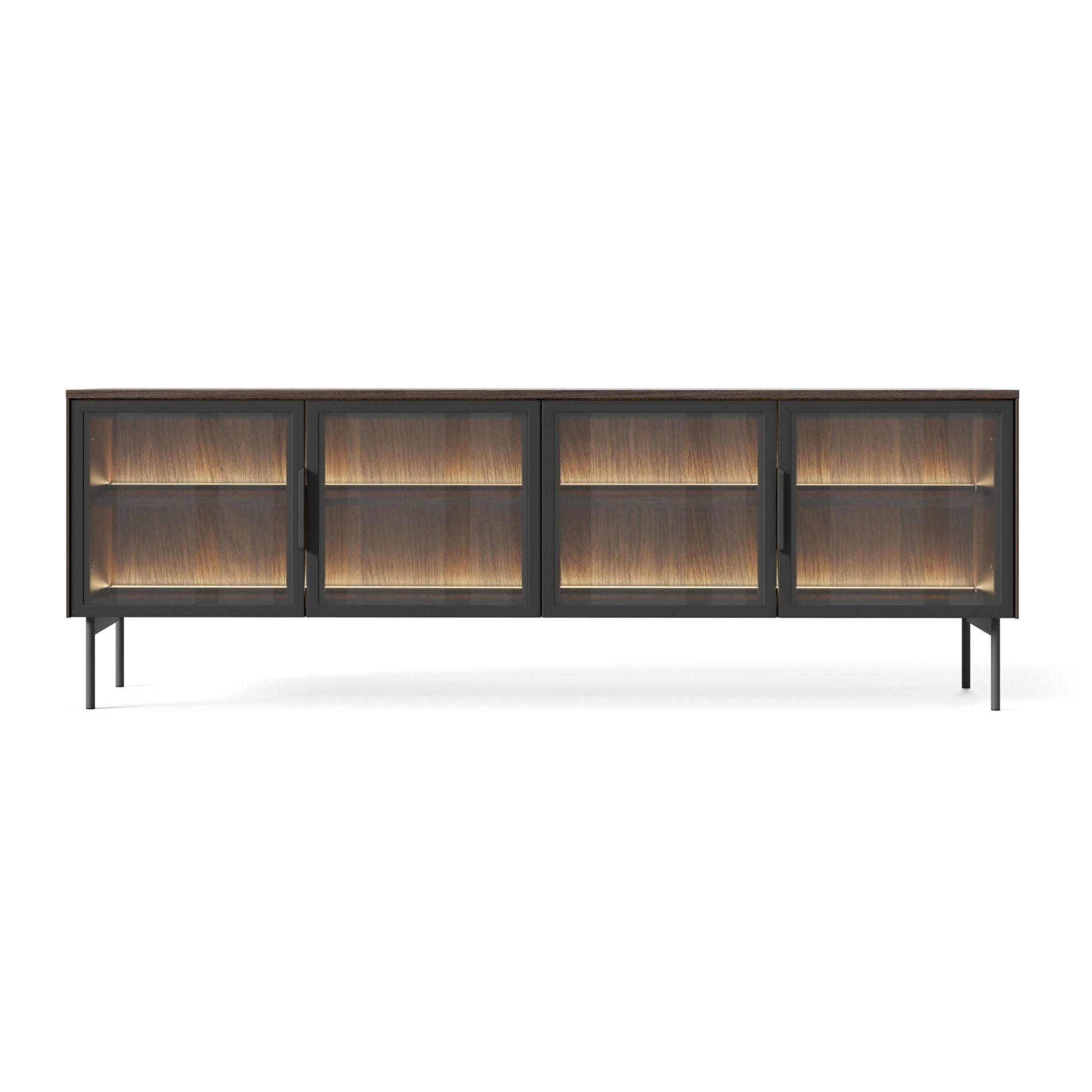 TV stolík Lumi so sklenenými čelami dub Dunin 181/61/39 cm - čierna/tmavohnedá, kov/kompozitné drevo (181.3/39.3/39.3cm) - Selsey