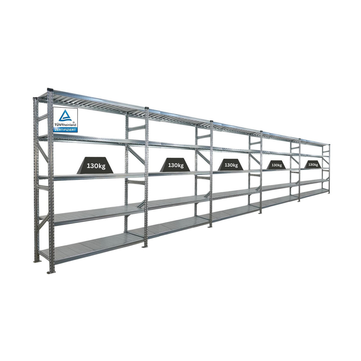 FACHBODENREGAL Proximo Stecksystem 200x750x40cm 5 Ebenen Fachlast 130 kg Beidseitig nutzbar Verzinkt - Silberfarben, Metall (750/200/40cm) - PROREGAL