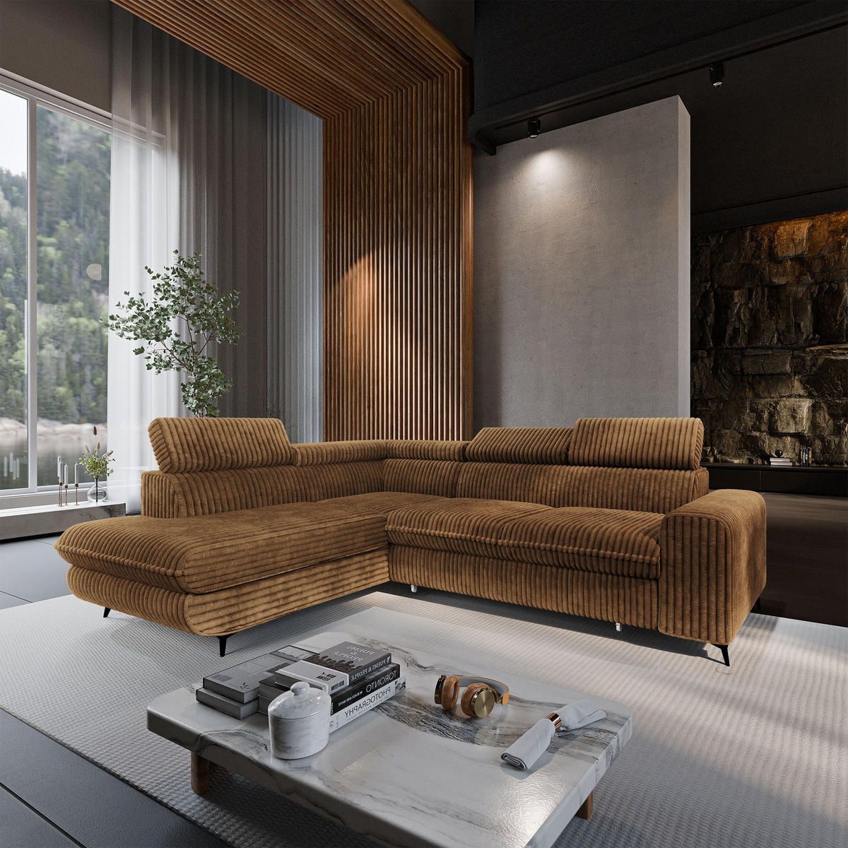 ECKSOFA VELISS Orange Kordstoff mit Schlaffunktion - Orange, Holz (255/193cm) - MASSENO