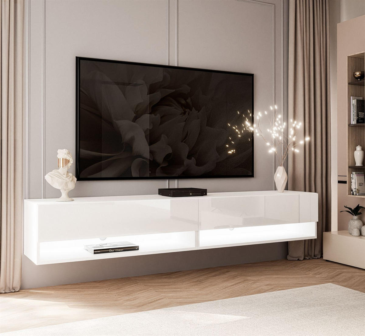 HÄNGESCHRANK TV-Möbel CALANTE 180 cm mit LED-Beleuchtung - Weiß Hochglanz, Holzwerkstoff (180/30/35cm) - Lookway