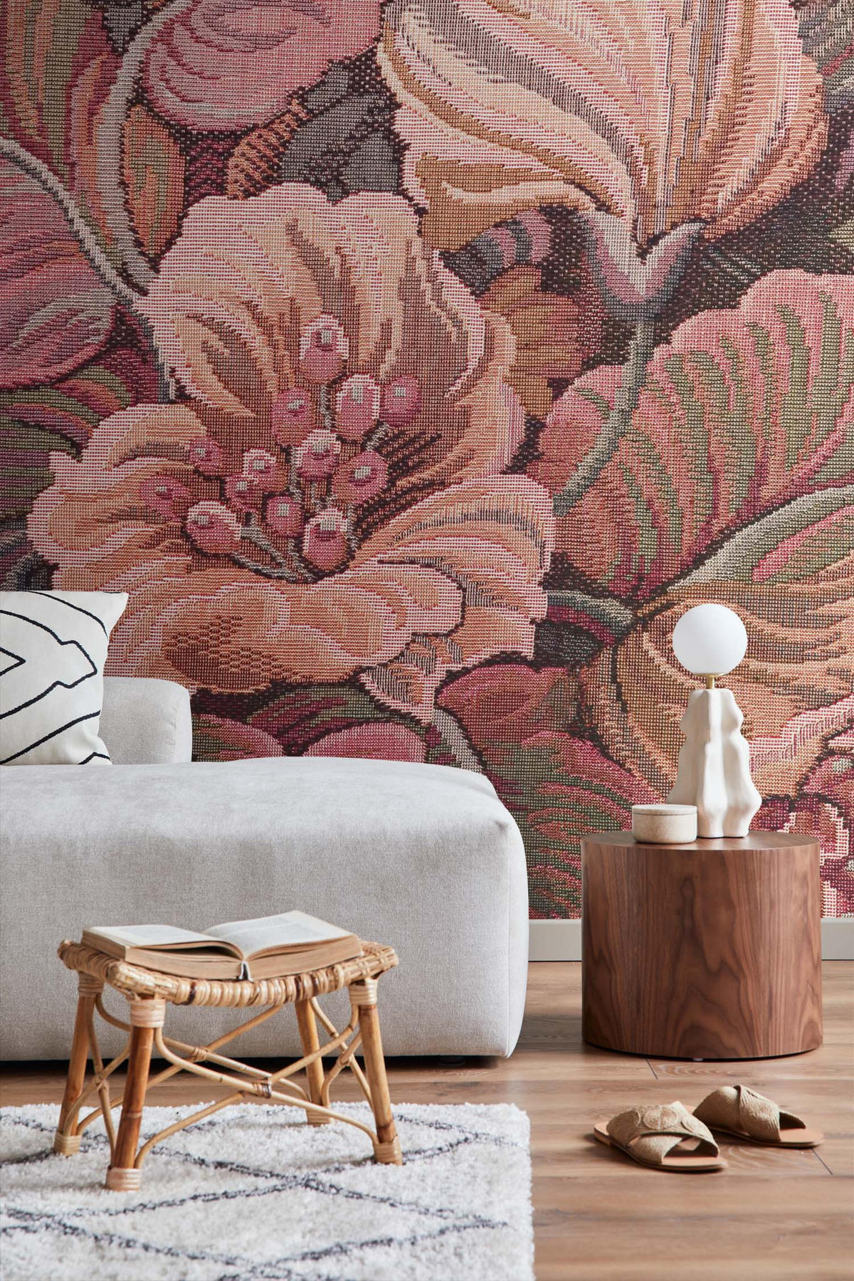 FOTOTAPETE gesticktes Blumenmuster 250 x 279 cm - Pink, Papier (250/279cm) - ESTAhome