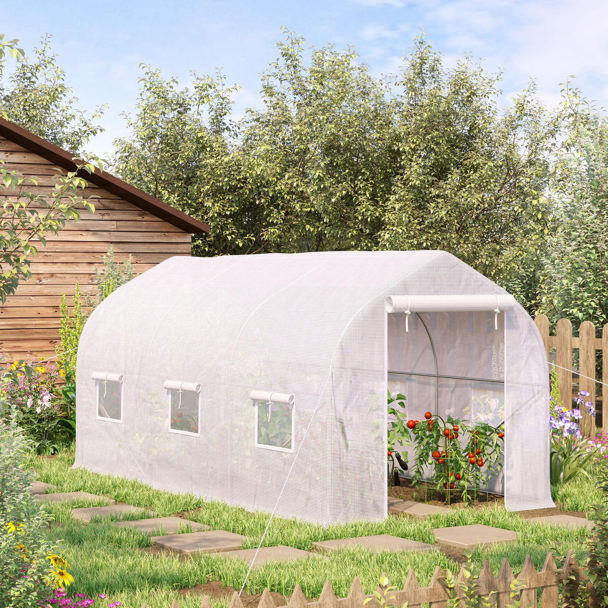 GEWÄCHSHAUS DE-12034 mit 2 Türen & 6 Fenstern Weiß - Weiß, Kunststoff (200/200/400cm) - ComfortXL