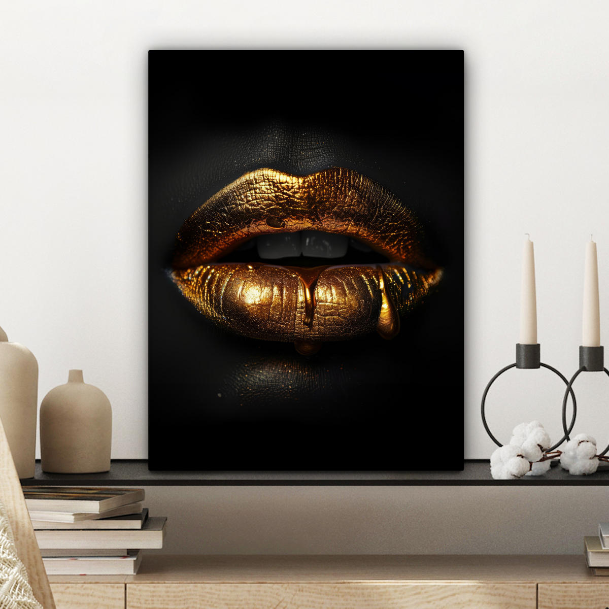 LEINWANDBILD Frau - Porträt - Lippen - Gold - Schwarz 30x40 cm - Schwarz, Textil (30/40cm) - MuchoWow
