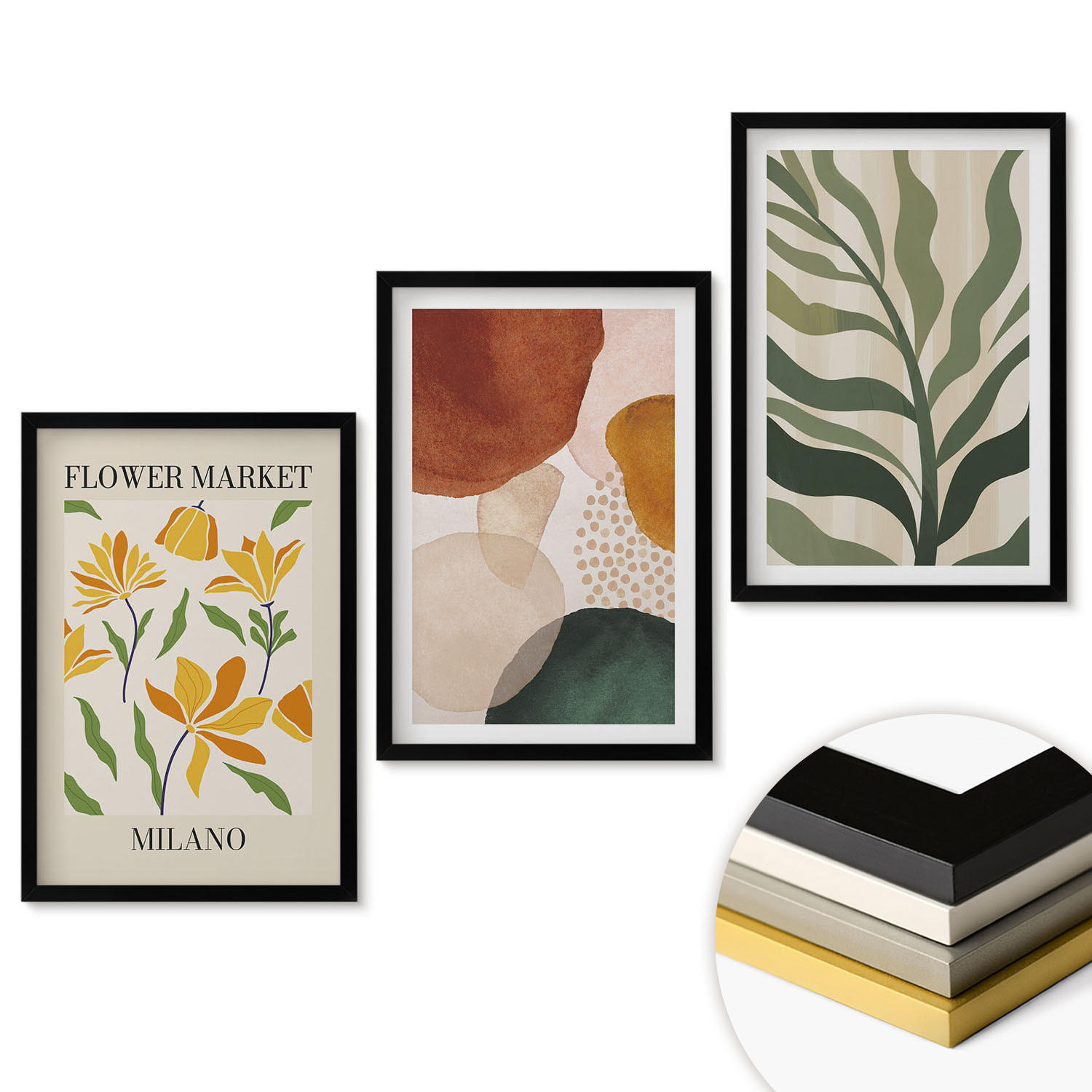 WANDBILDER 3er-Set - 40x60 cm Schwarzer Rahmen - Florale abstrakte Formen - Schwarz, Kunststoff (40/60cm) - ArtPrintCave