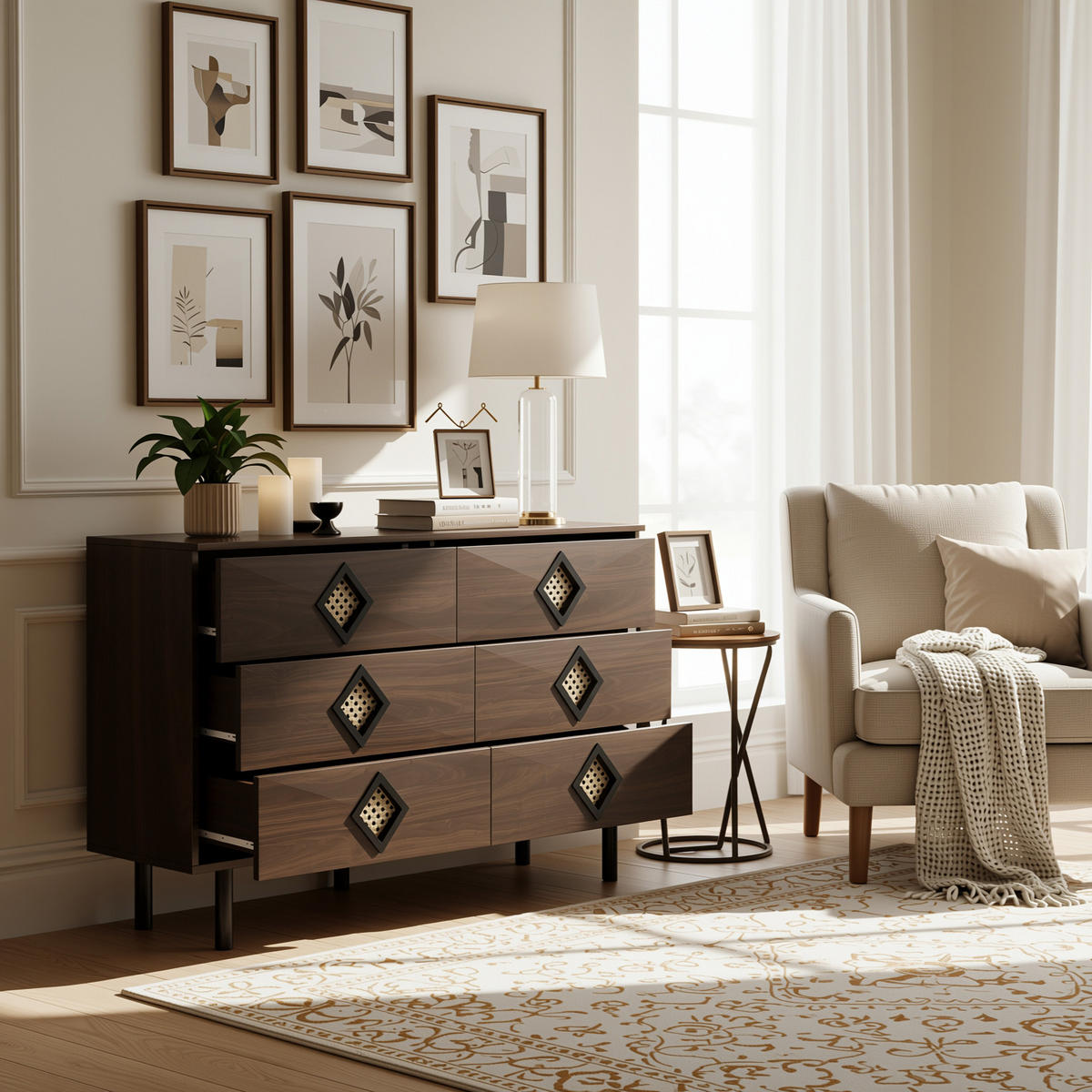 SIDEBOARD Walnuss mit 6 Schubladen & Rattan-Griffen Modern 120×40×74 cm - Walnussfarben, Holzwerkstoff (120/74/40cm) - Urban Meuble