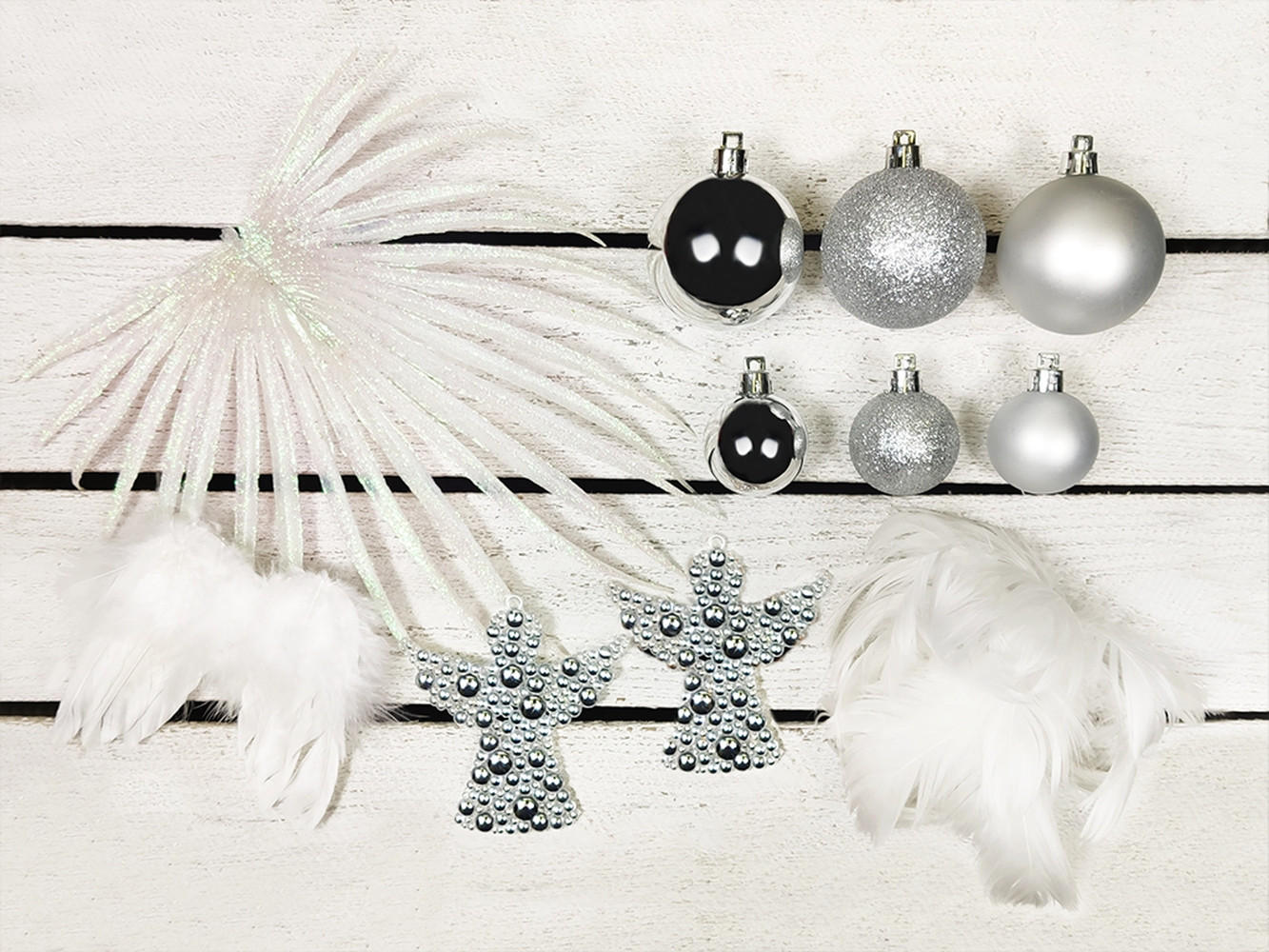 LAALU CHRISTBAUMKUGEL-SET 97 Stück in Luxusbox ANGEL WINGS für Weihnachtsbäume 120-210 cm - Silberfarben/Weiß, Kunststoff/Metall (55/50/75cm) - LAALU