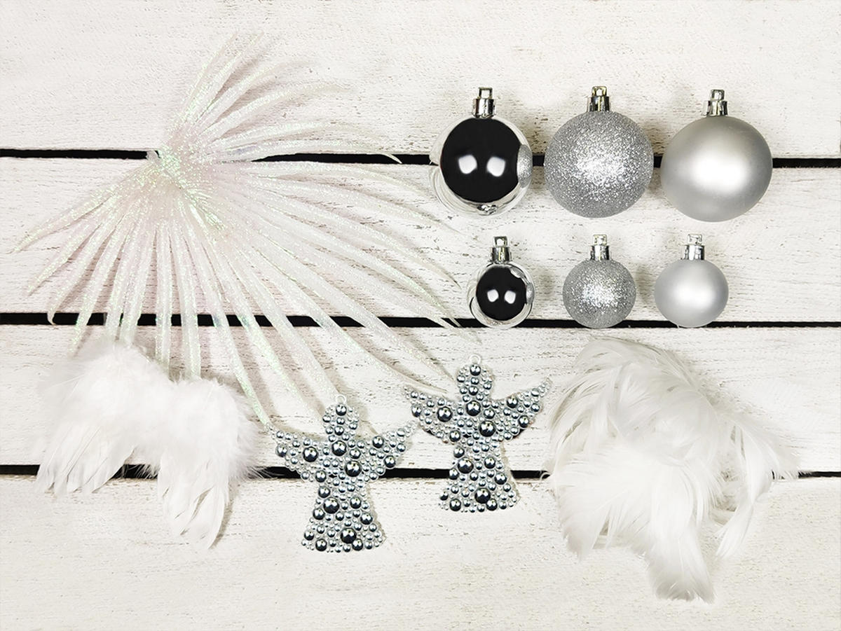 LAALU CHRISTBAUMKUGEL-SET 97 Stück in Luxusbox ANGEL WINGS für Weihnachtsbäume 120-210 cm - Silberfarben/Weiß, Kunststoff/Metall (55/50/75cm) - LAALU