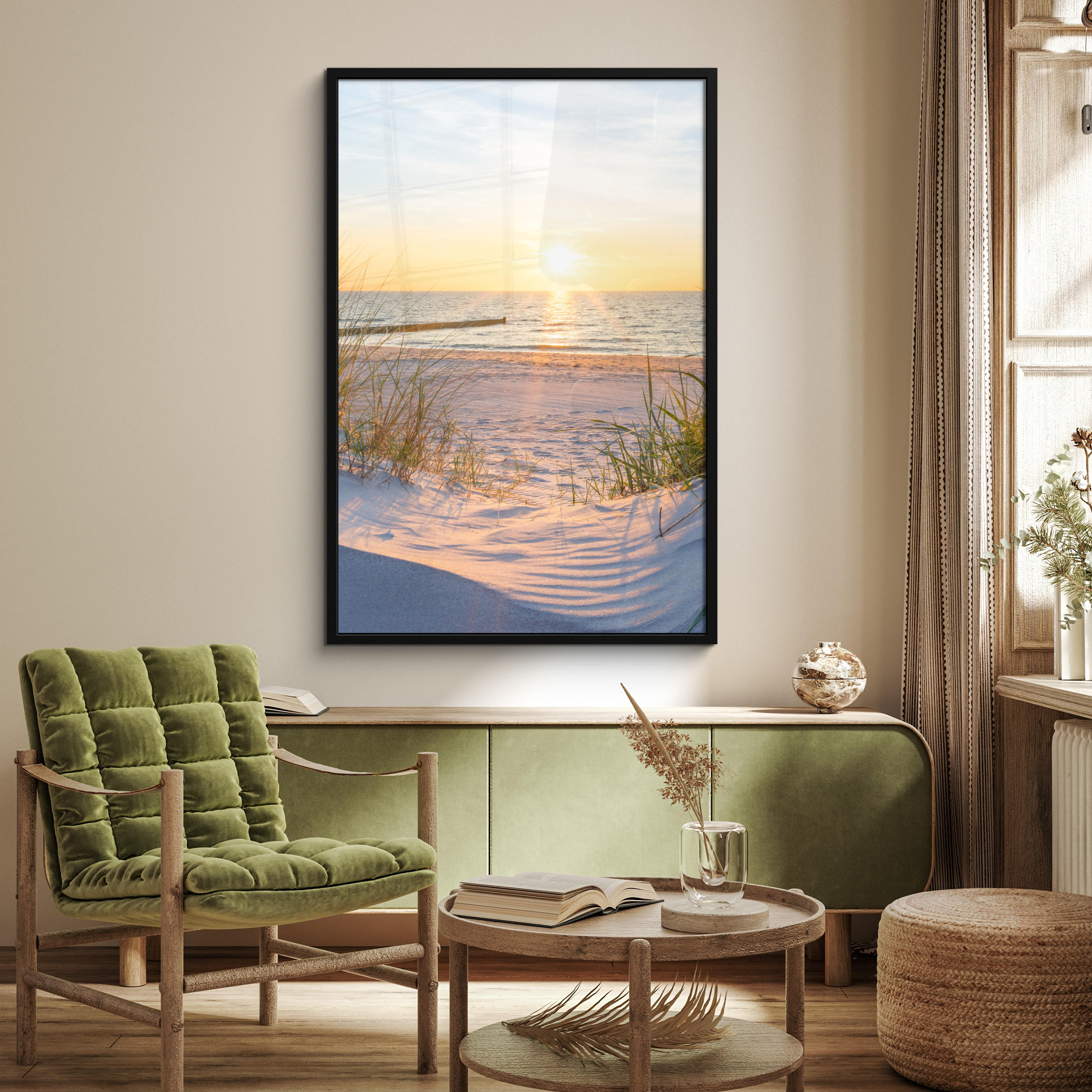 GERAHMTES BILD Strand - Sonne - Düne - Gras - Sand - Horizont 80x120 cm - Hellblau, Papier (80/120cm) - MuchoWow