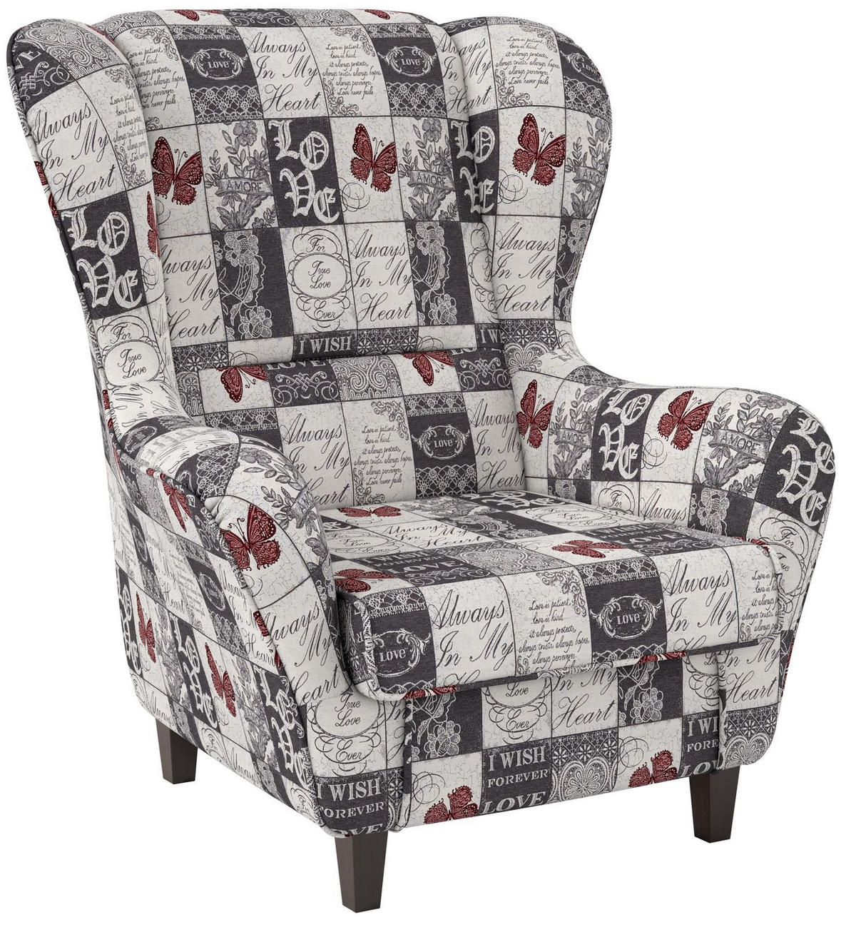OHRENSESSEL Sofia Relaxsessel mit Hocker | Design Patchwork Love - Dunkelgrau/Rot, Textil (92/68/95cm) - Supellex