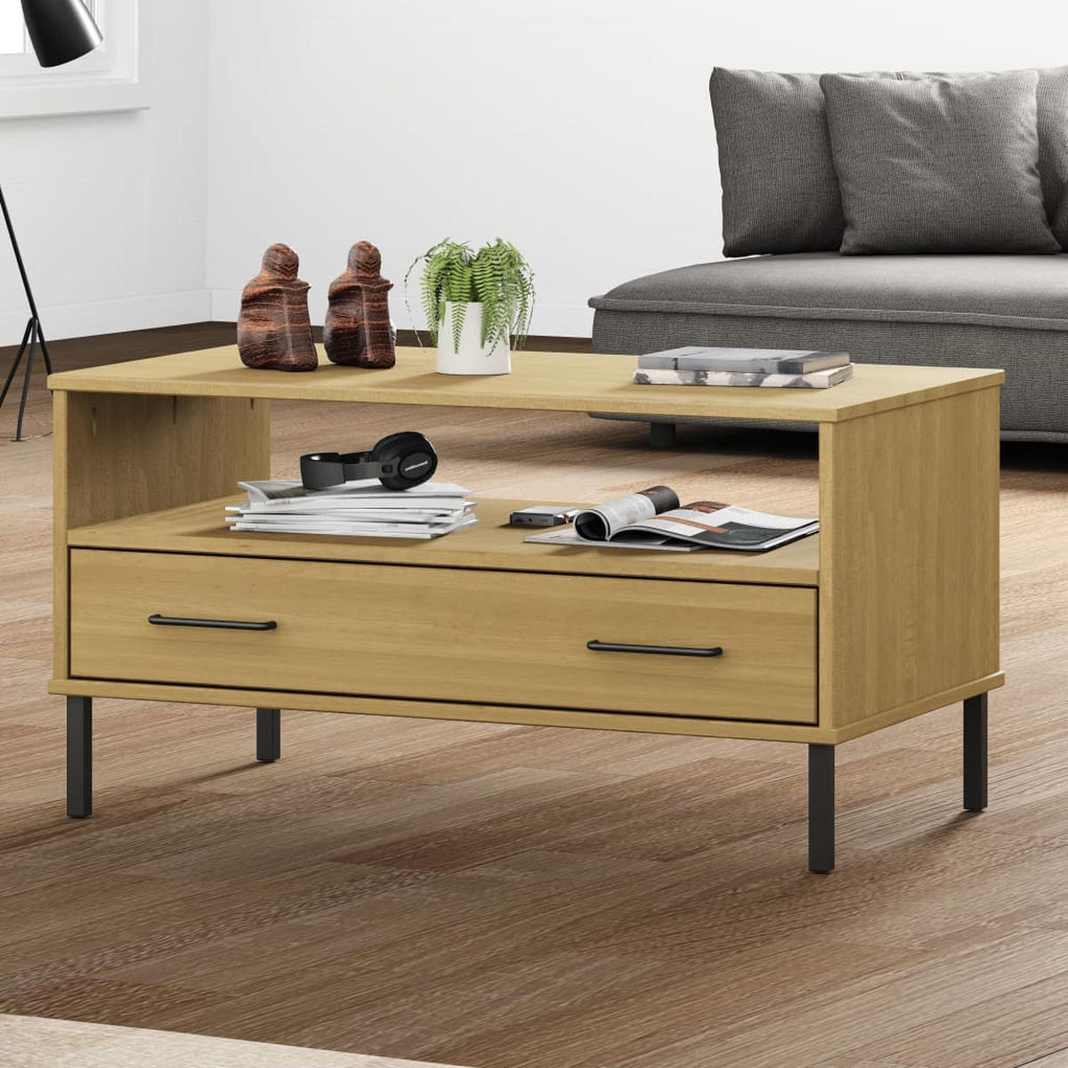 COUCHTISCH OSLO mit Metallbeinen Braun 85x50x45 cm Massivholz - Braun, Holzwerkstoff (85/50/45cm) - furnicato