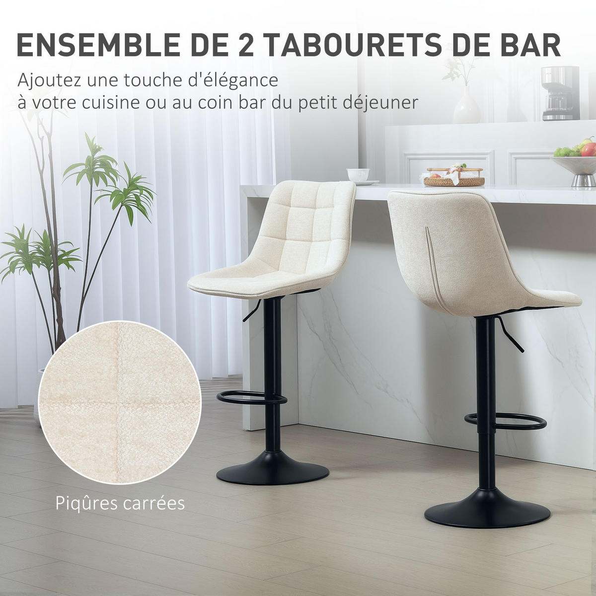 BARHOCKER 2er-Set DE-14754 höhenverstellbar mit Fußstütze Beige - Beige, Metall (47/115.5/48cm) - ComfortXL