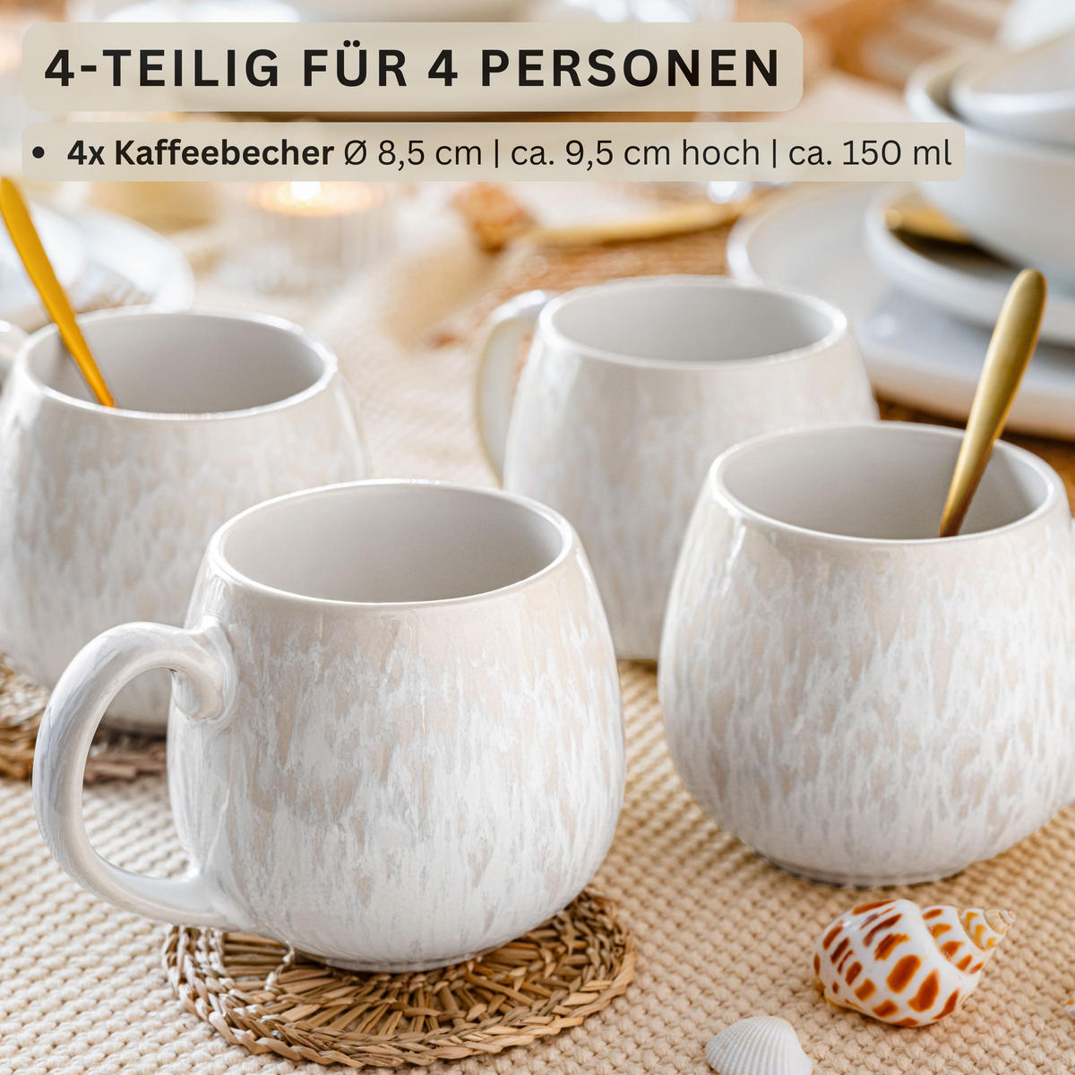 SÄNGER Kaffeebecher Set Korfu 4 teilig - Creme, Stein (8.5/9.5/8.5cm) - Sänger