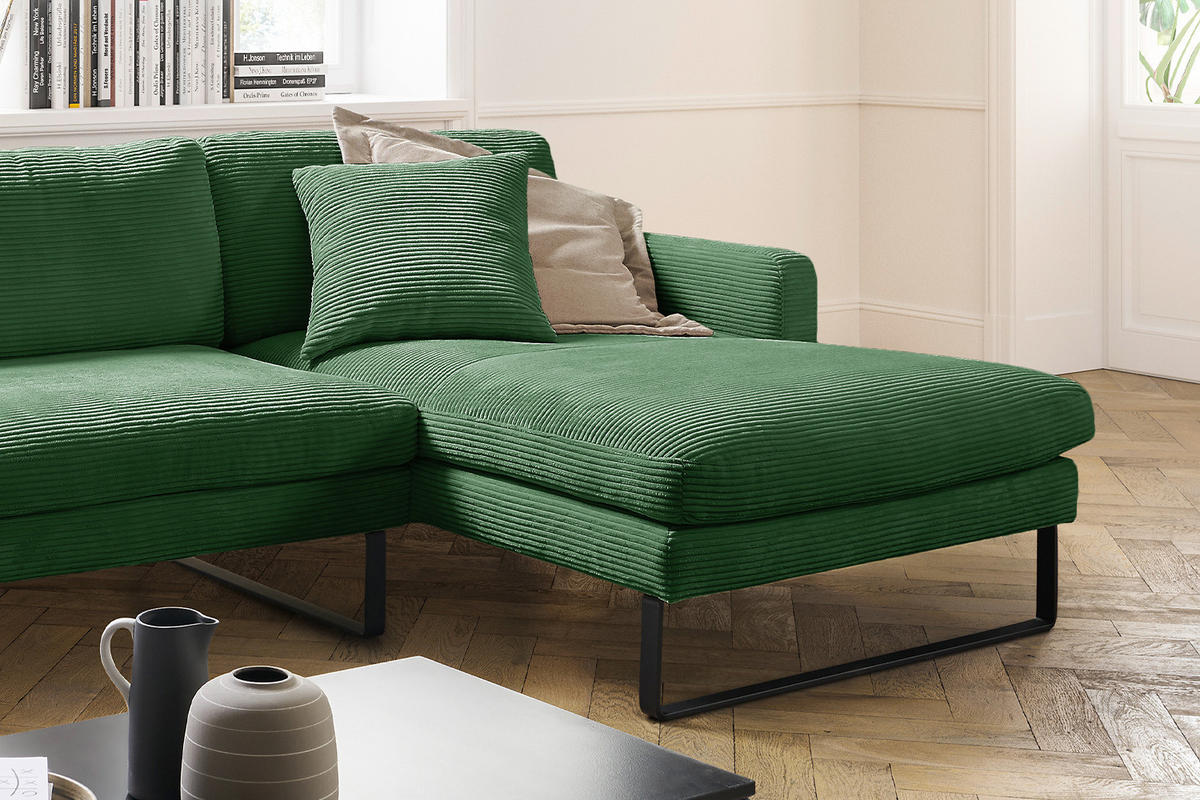 ECKSOFA RICARDA Smaragdgrün Cord - Smaragdgrün/Schwarz, Textil/Metall (298/154cm) - KAWOLA