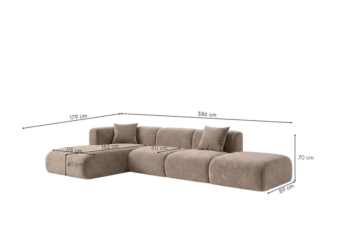 ECKSOFA L-Form Mit Hocker, Velvet-Stoff Bluvel, Latte, Links, GRETA - Hellbraun, Holz (386/179cm) - Kaiser Möbel