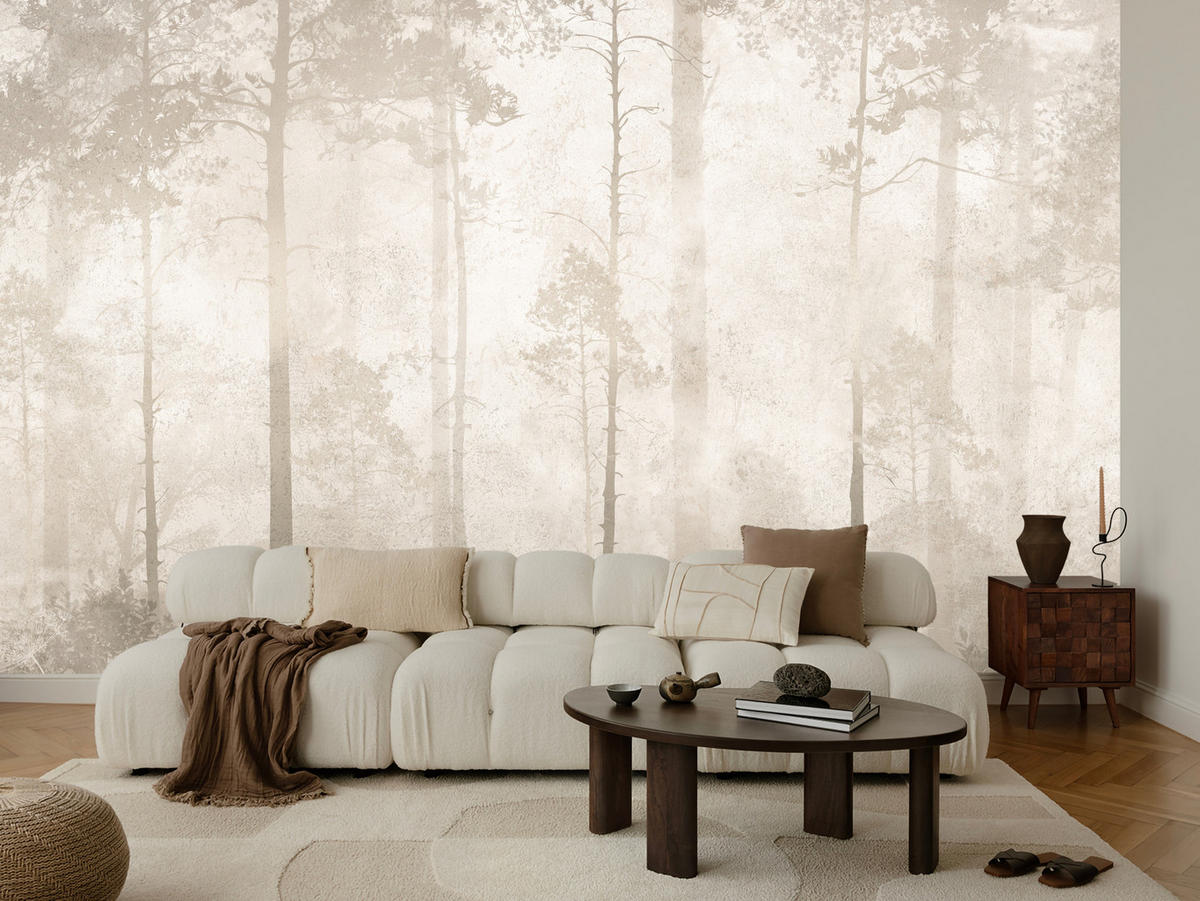 FOTOTAPETE für Wohnzimmer Nebliger Wald Vintage Bäume 350x256 - Beige/Braun, Papier (350/256cm) - Muralo