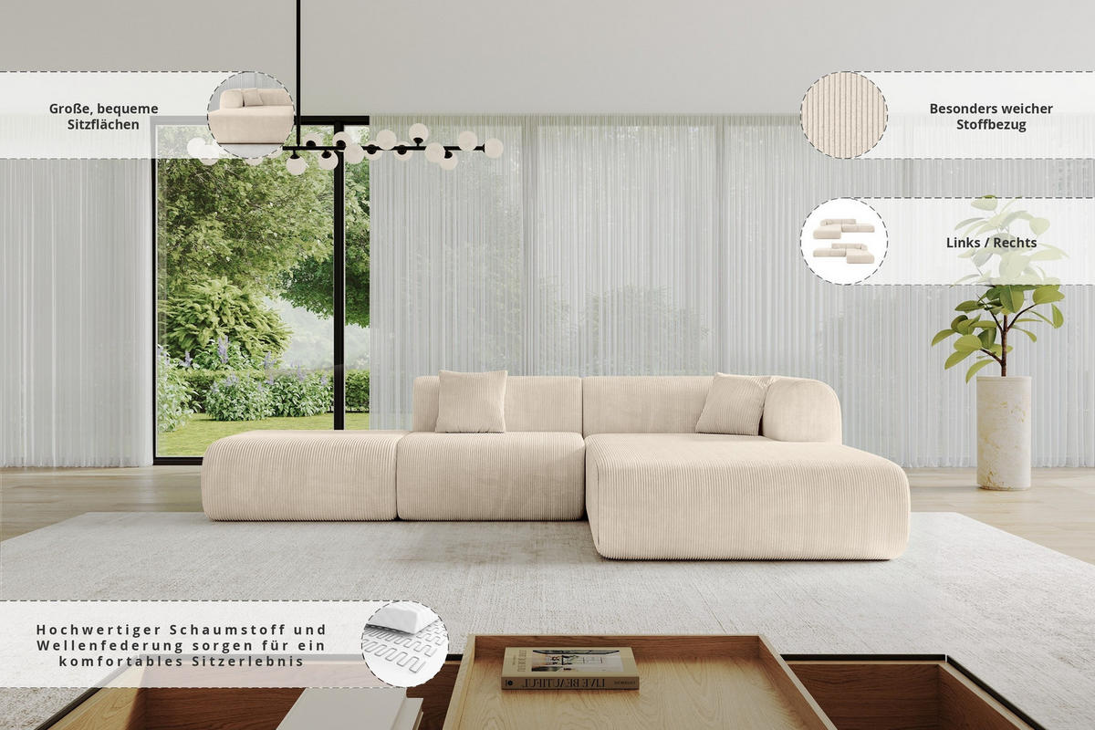 ECKSOFA Ottomane Rechts OVLY-L 289x176x71 Beige Cord - Kaschmir/Beige, Holzwerkstoff/Kunststoff (289/176cm) - ALTDECOR