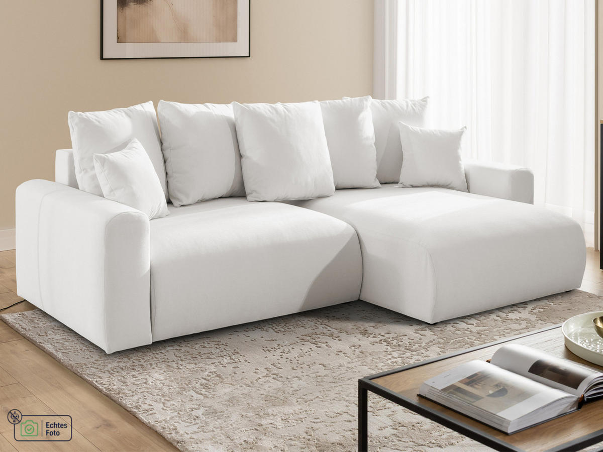 ECKSOFA Calma mit Schlaffunktion und Bettkasten im Bumpy-Design aus weichem Creme Webstoff - Ottomane rechts - Creme/Schwarz, Holz/Kunststoff (140/239cm) - S-Style