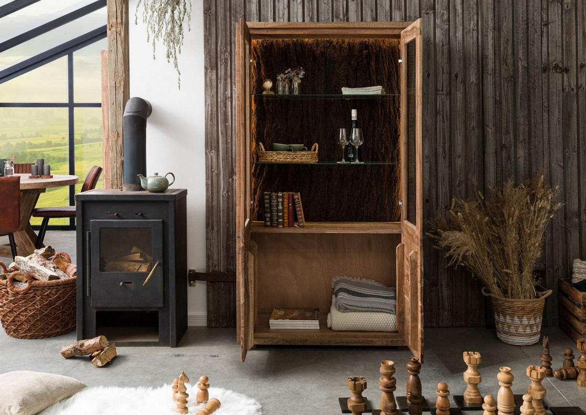 VITRINE Akazie 98x40x180 natur lackiert BARK #108 - Braun, Holz (98/180/40cm) - Massivmoebel24